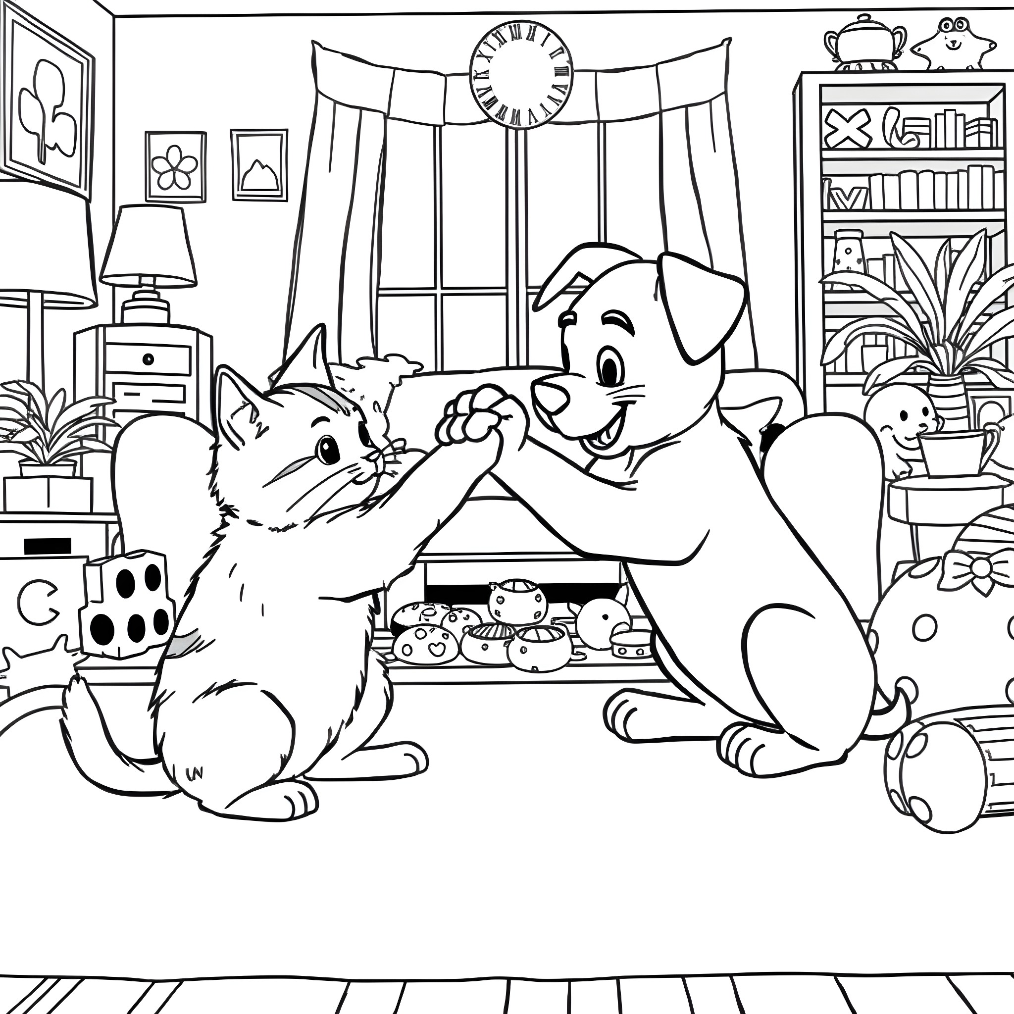 Bluey and puppy playing together in cozy home Coloring Page (free black-and-white line drawing printable PDF for all, from beginners to advanced learners, including children, teens, adults, and seniors)
