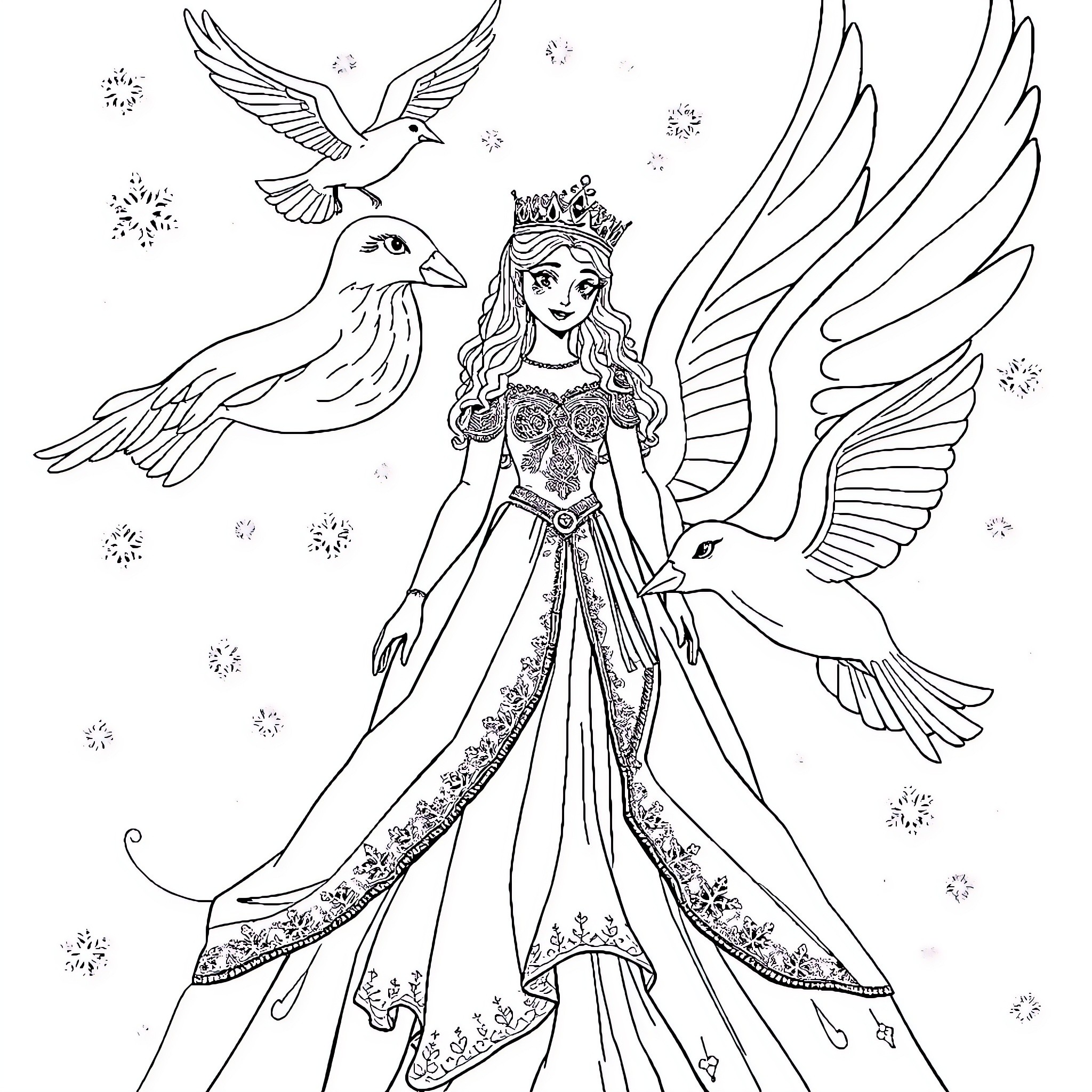 Reine with winged companions in a whimsical scene Coloring Page (free black-and-white line drawing printable PDF for all, from beginners to advanced learners, including children, teens, adults, and seniors)