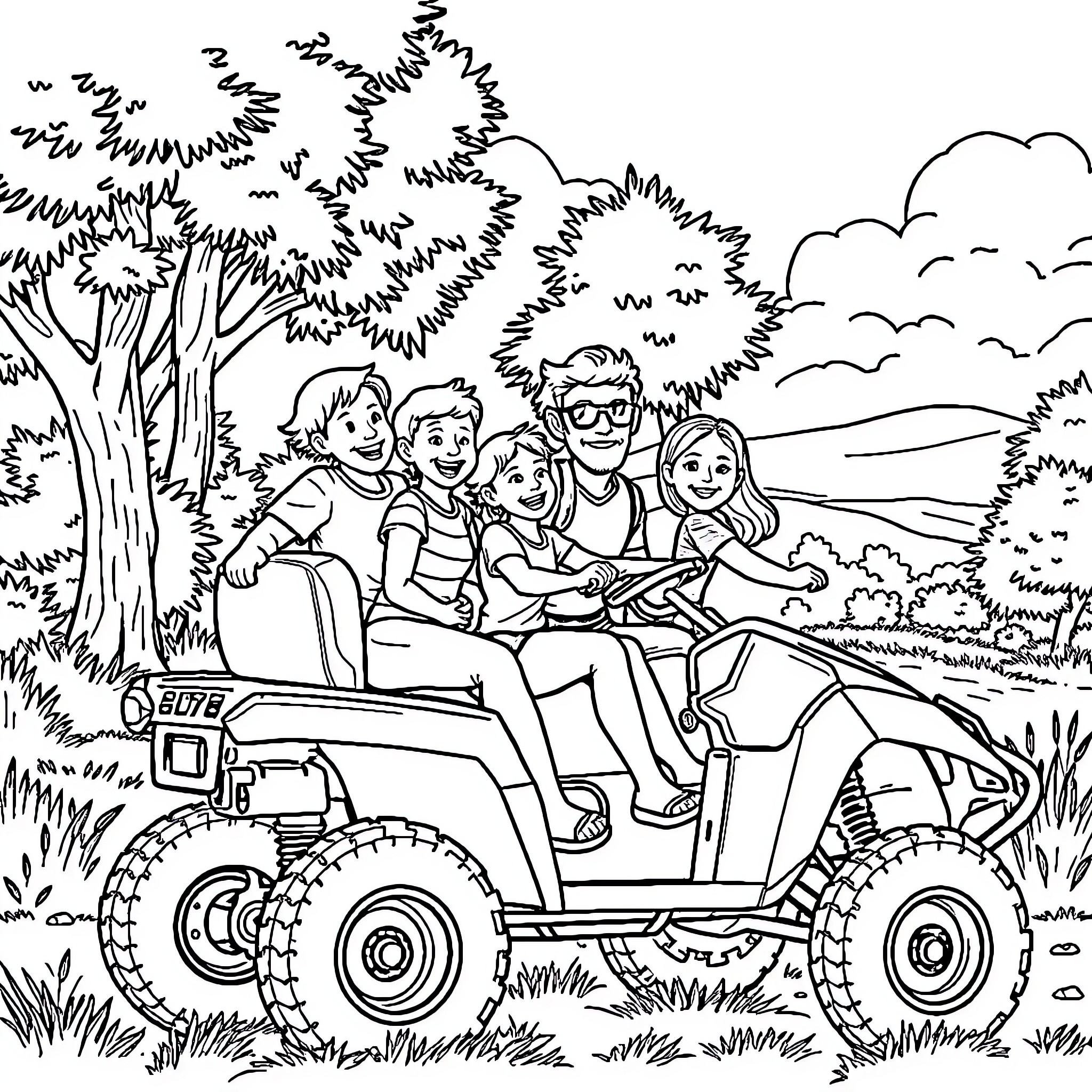 UTV Adventure with Friends in the Outdoors Coloring Page (free black-and-white line drawing printable PDF for all, from beginners to advanced learners, including children, teens, adults, and seniors)