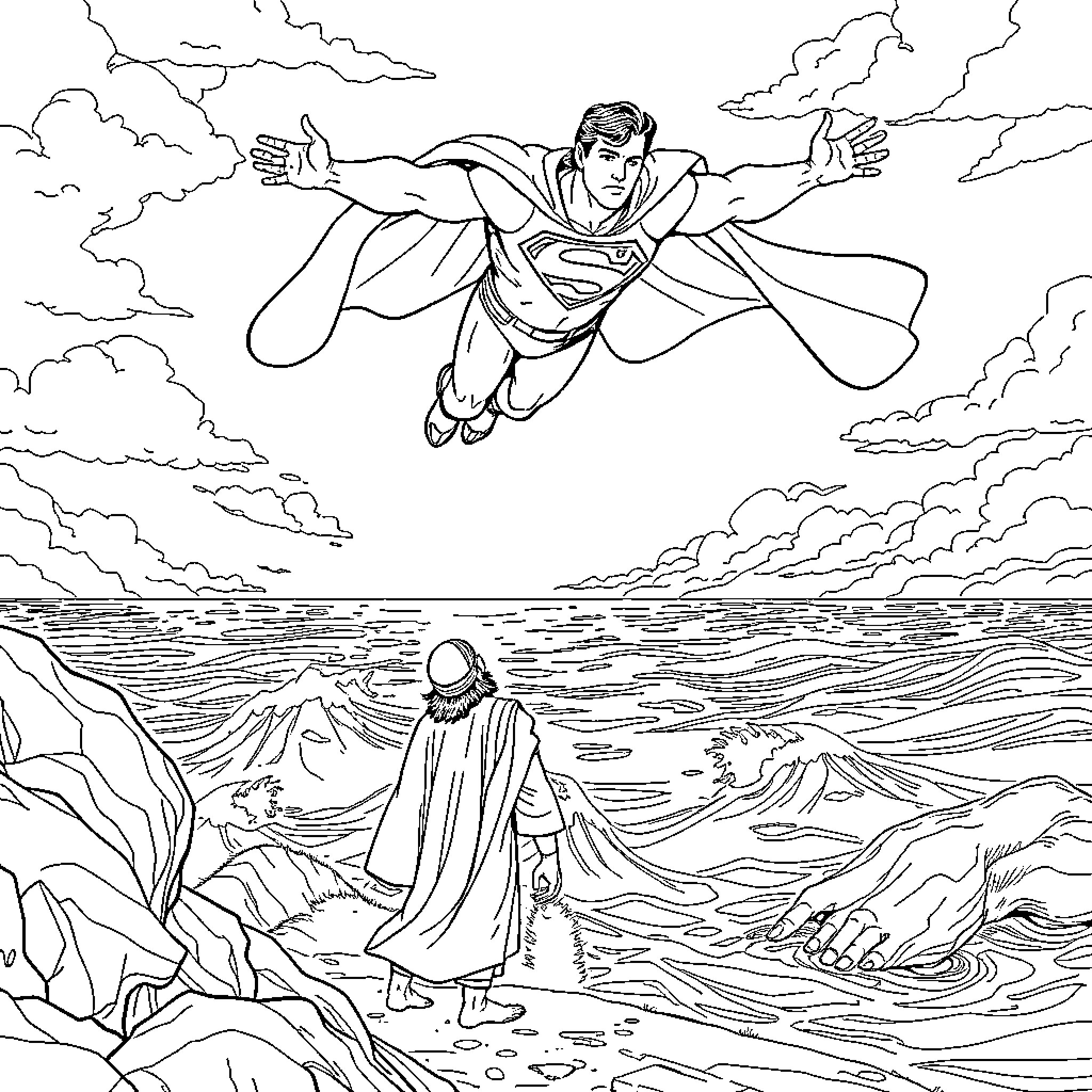 Superman soaring through clouds with outstretched arms Coloring Page (free black-and-white line drawing printable PDF for all, from beginners to advanced learners, including children, teens, adults, and seniors)