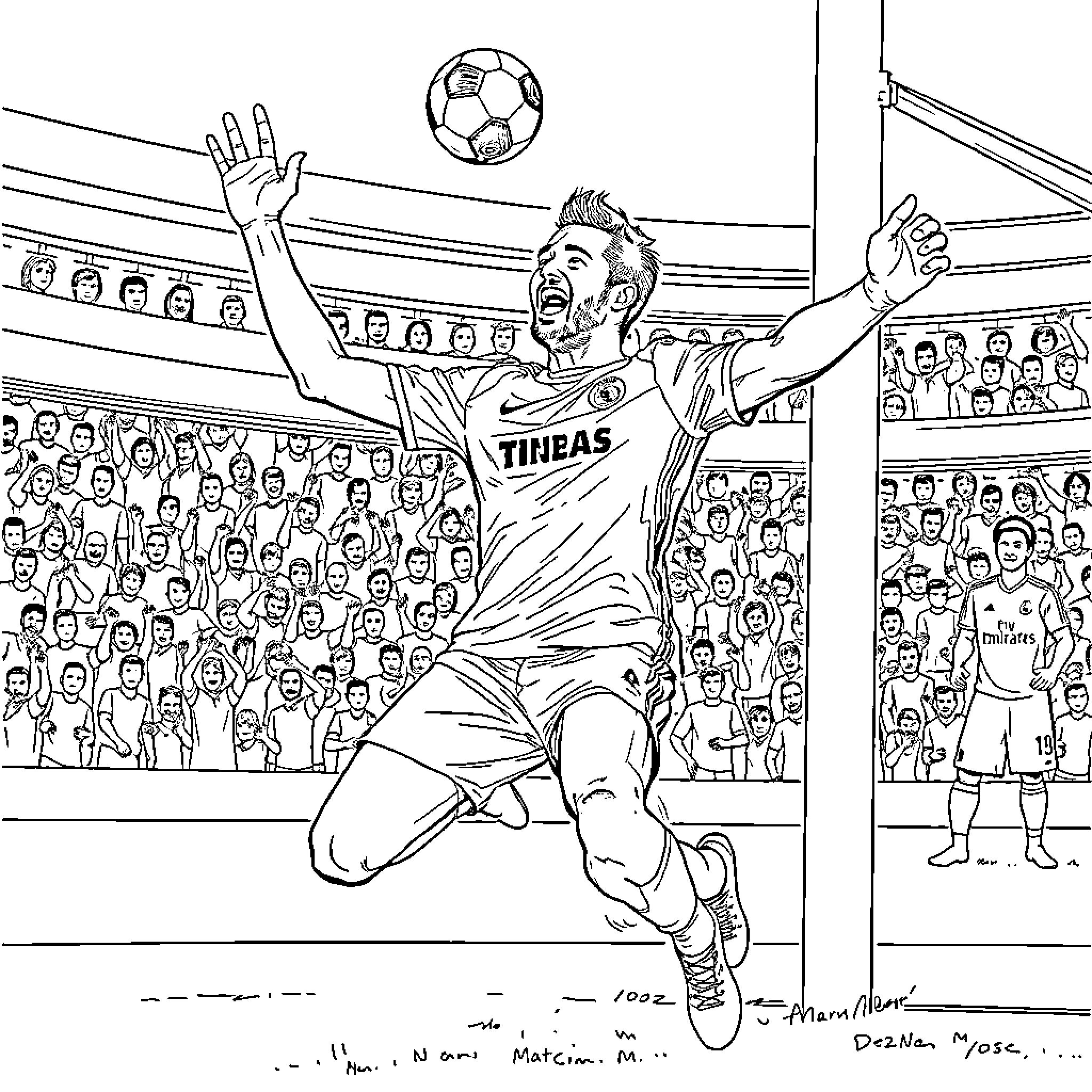 Delcan Rice - Soccer Player Celebrates Goal in Stadium Coloring Page (free black-and-white line drawing printable PDF for all, from beginners to advanced learners, including children, teens, adults, and seniors)