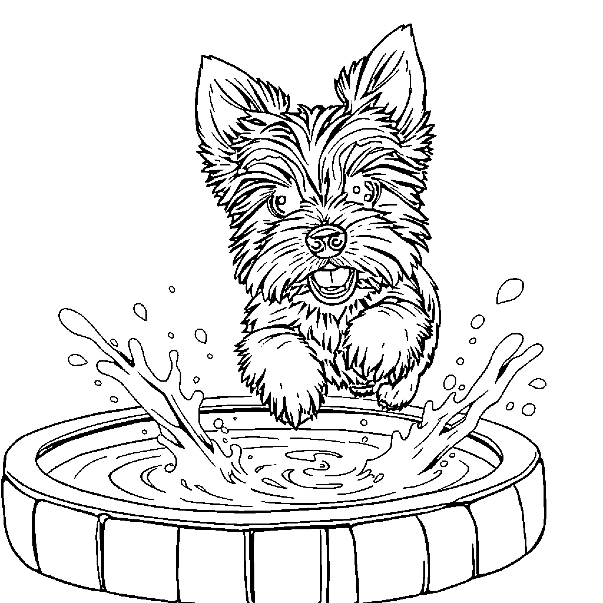 Yorkie enjoying a splashing bath in the tub Coloring Page (free black-and-white line drawing printable PDF for all, from beginners to advanced learners, including children, teens, adults, and seniors)