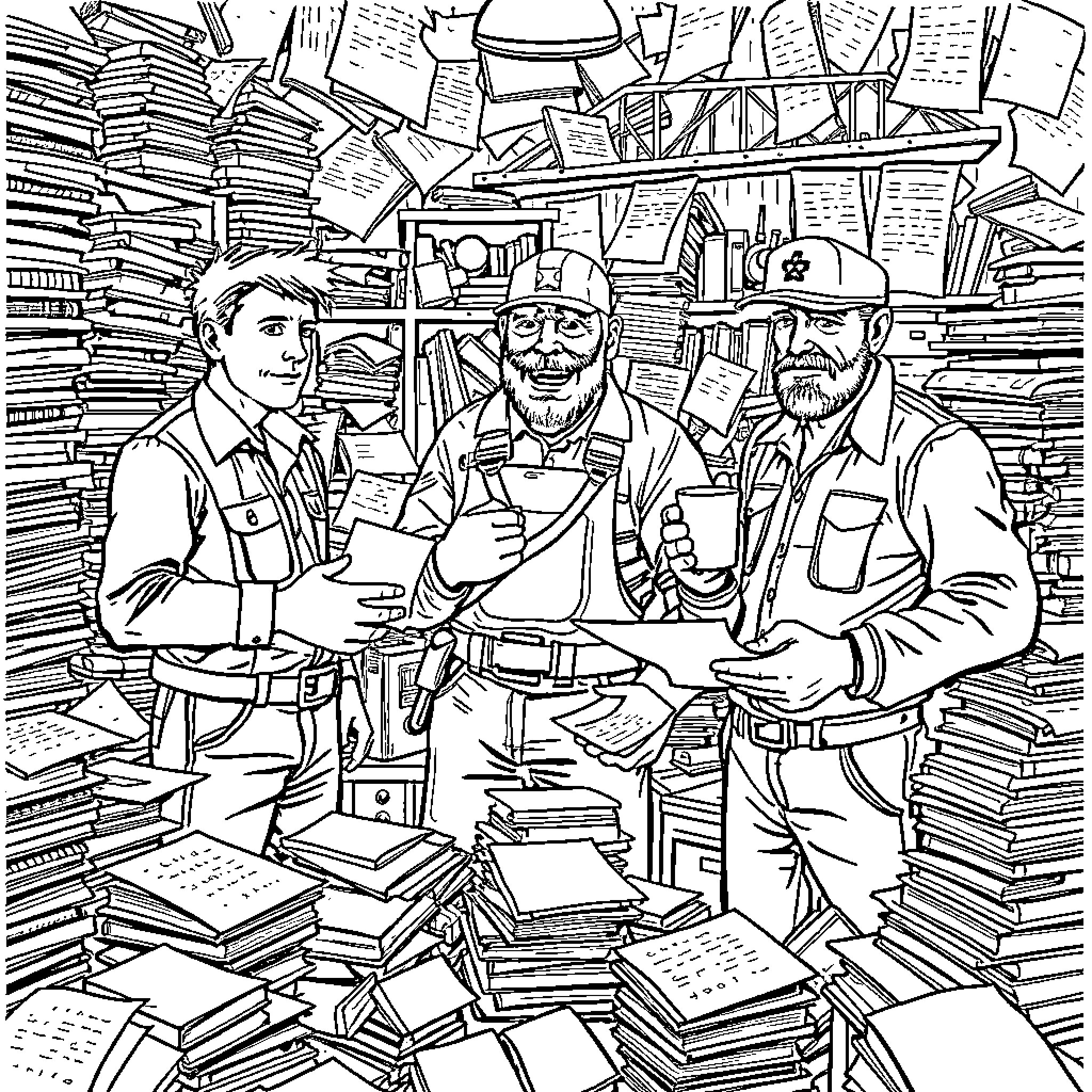 Man Working in a Cluttered Bookstore or Library Coloring Page (free black-and-white line drawing printable PDF for all, from beginners to advanced learners, including children, teens, adults, and seniors)