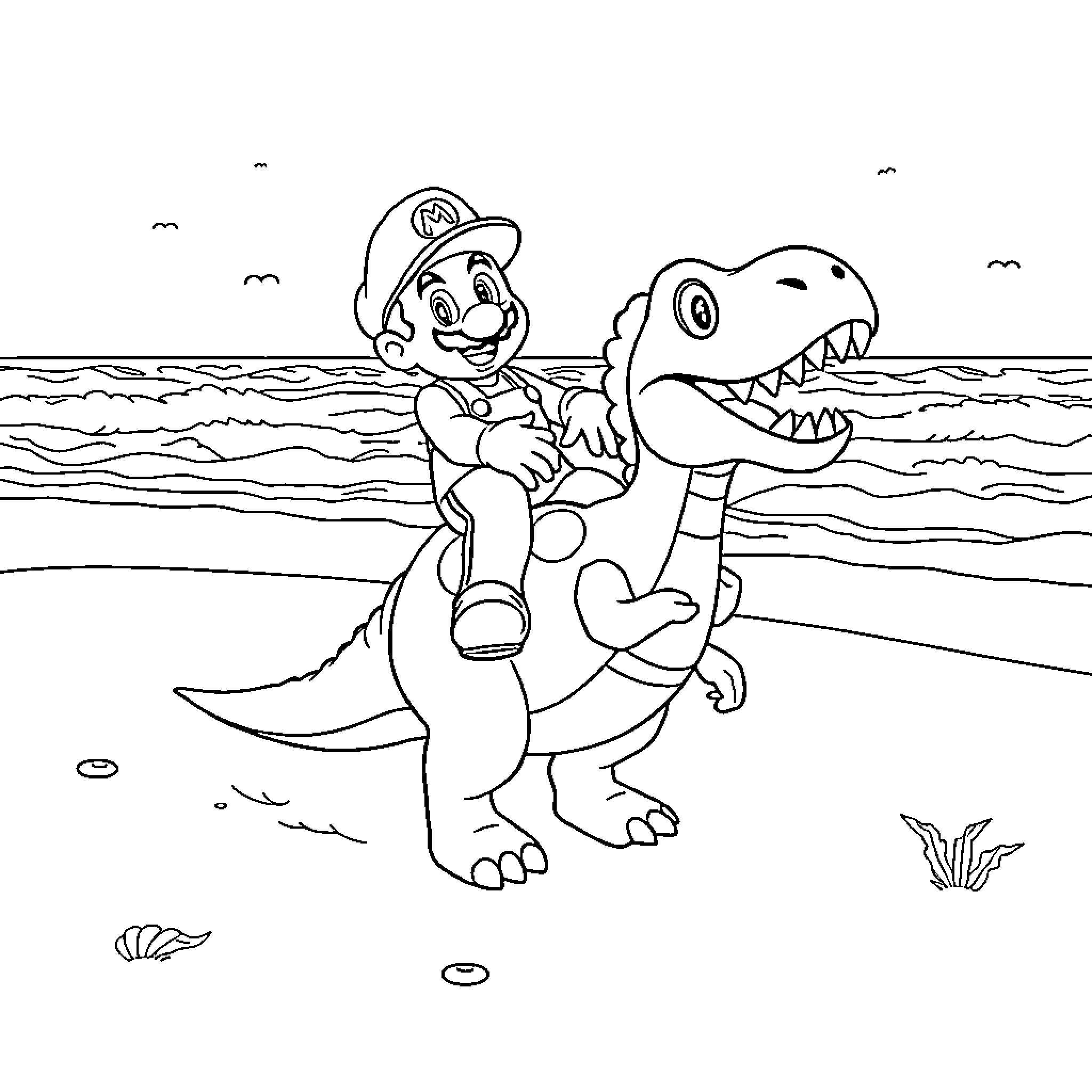 Mario riding a friendly dinosaur on the beach Coloring Page (free black-and-white line drawing printable PDF for all, from beginners to advanced learners, including children, teens, adults, and seniors)