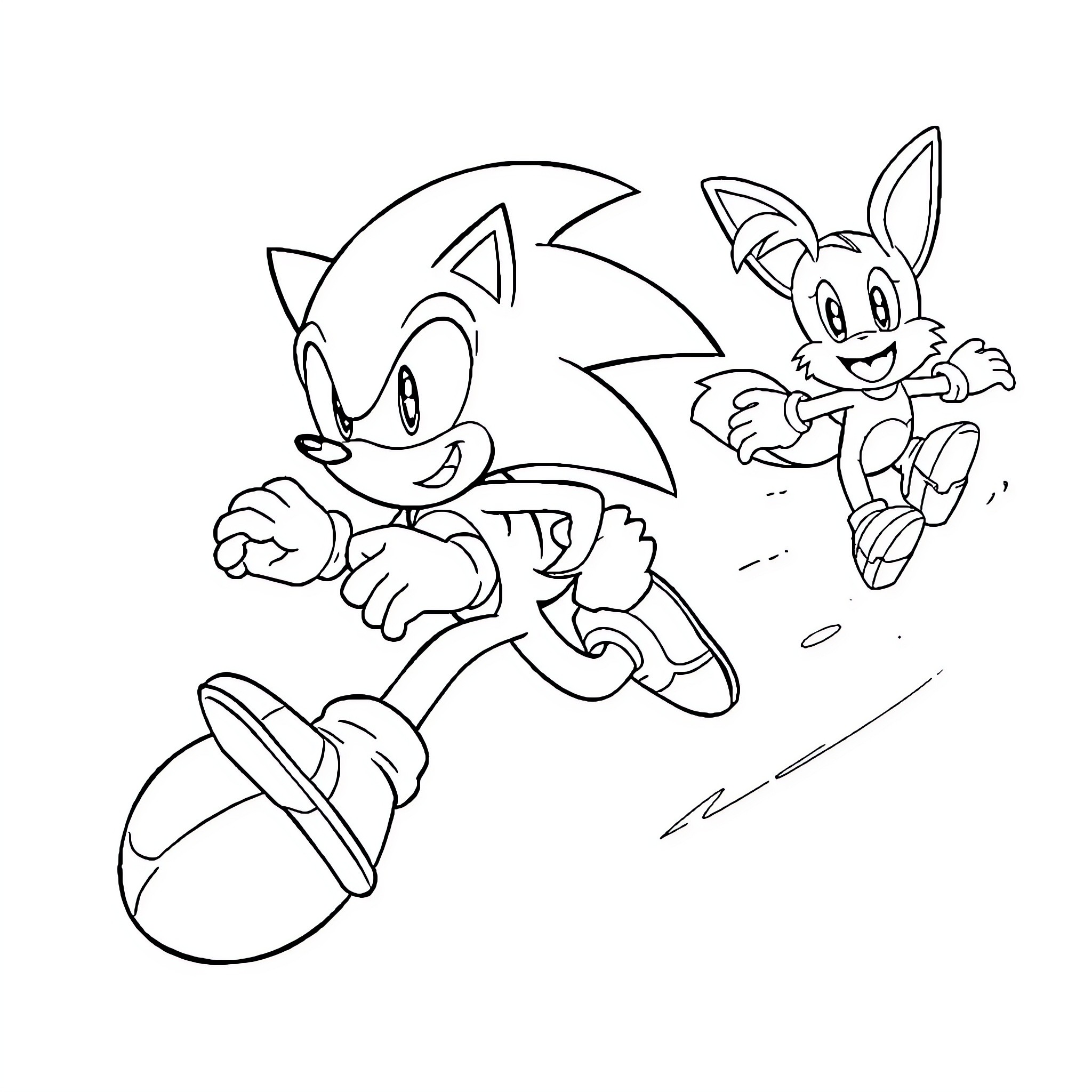 Sonic and Bunny Friends in Action Coloring Page (free black-and-white line drawing printable PDF for all, from beginners to advanced learners, including children, teens, adults, and seniors)