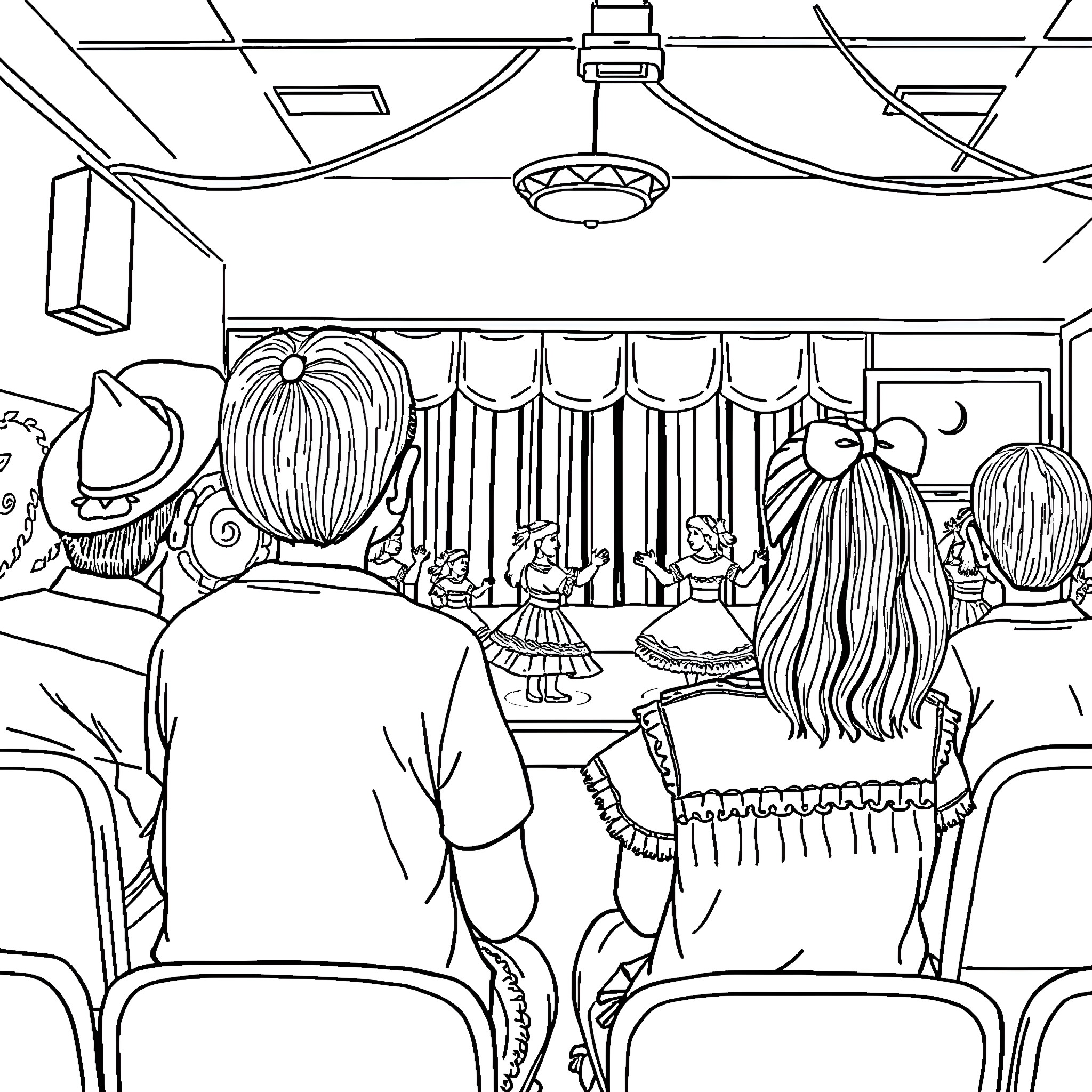 Girls Watching Theatrical Performance in Auditorium Coloring Page (free black-and-white line drawing printable PDF for all, from beginners to advanced learners, including children, teens, adults, and seniors)