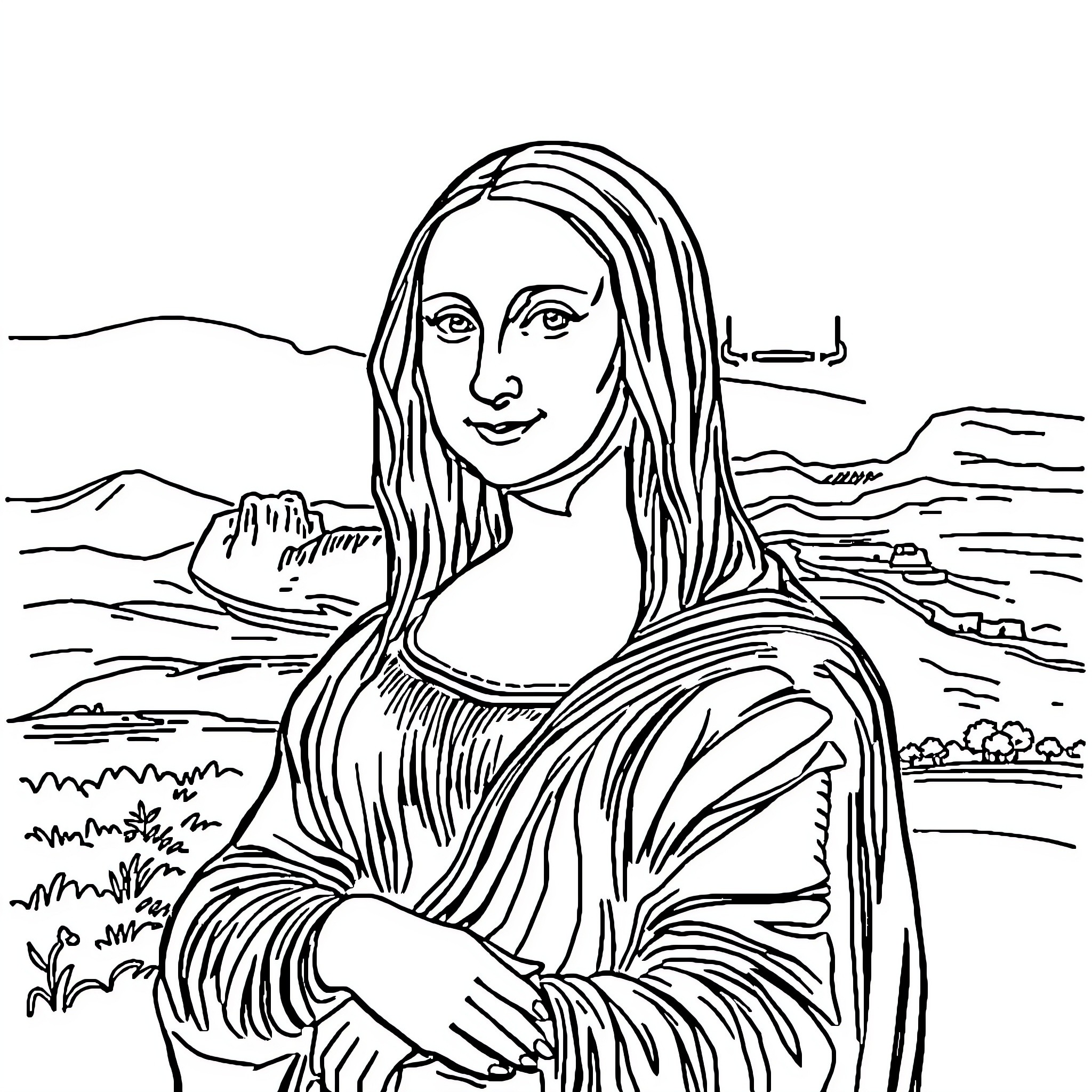 Mona Lisa in contemplative pose Coloring Page (free black-and-white line drawing printable PDF for all, from beginners to advanced learners, including children, teens, adults, and seniors)