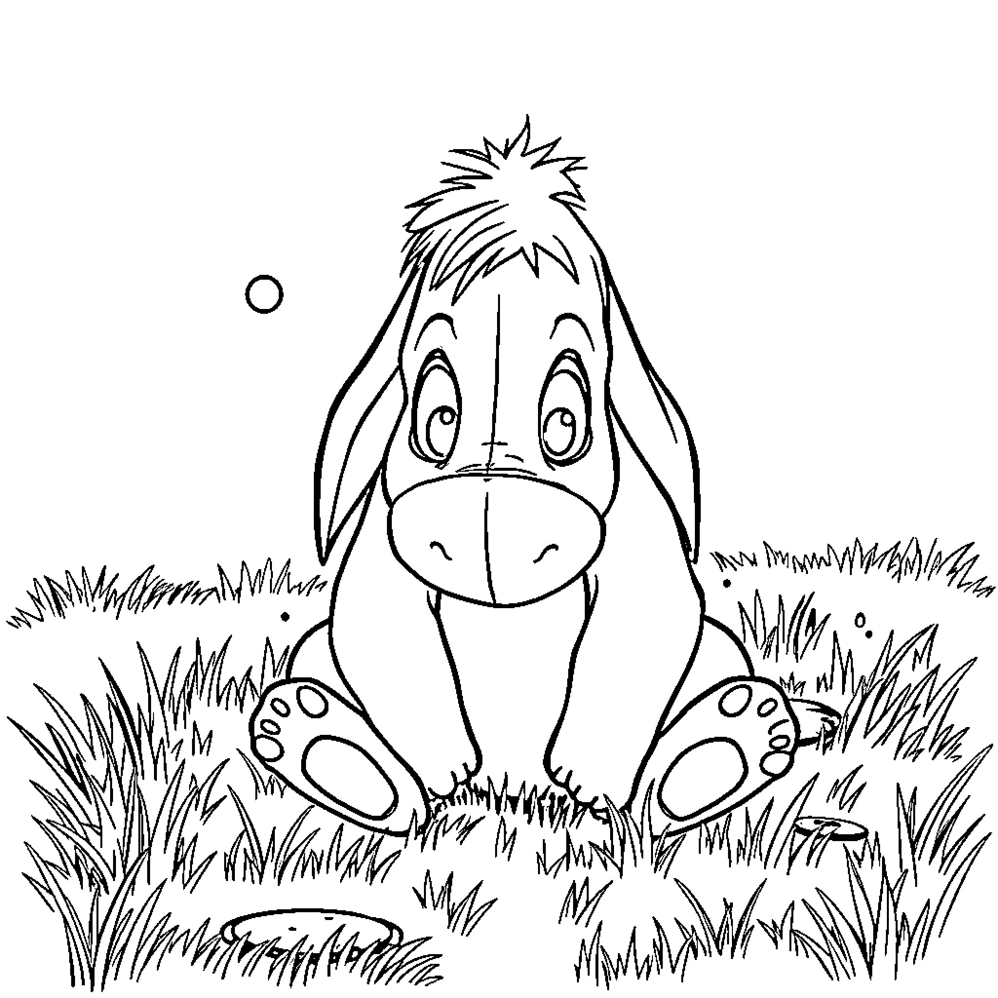 Eeyore lounging in the grass Coloring Page (free black-and-white line drawing printable PDF for all, from beginners to advanced learners, including children, teens, adults, and seniors)