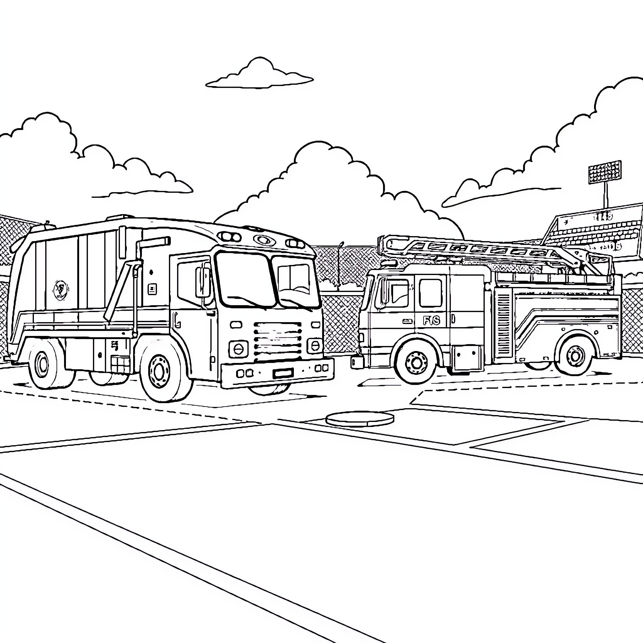Firetruck responding to emergency at sports stadium Coloring Page (free black-and-white line drawing printable PDF for all, from beginners to advanced learners, including children, teens, adults, and seniors)