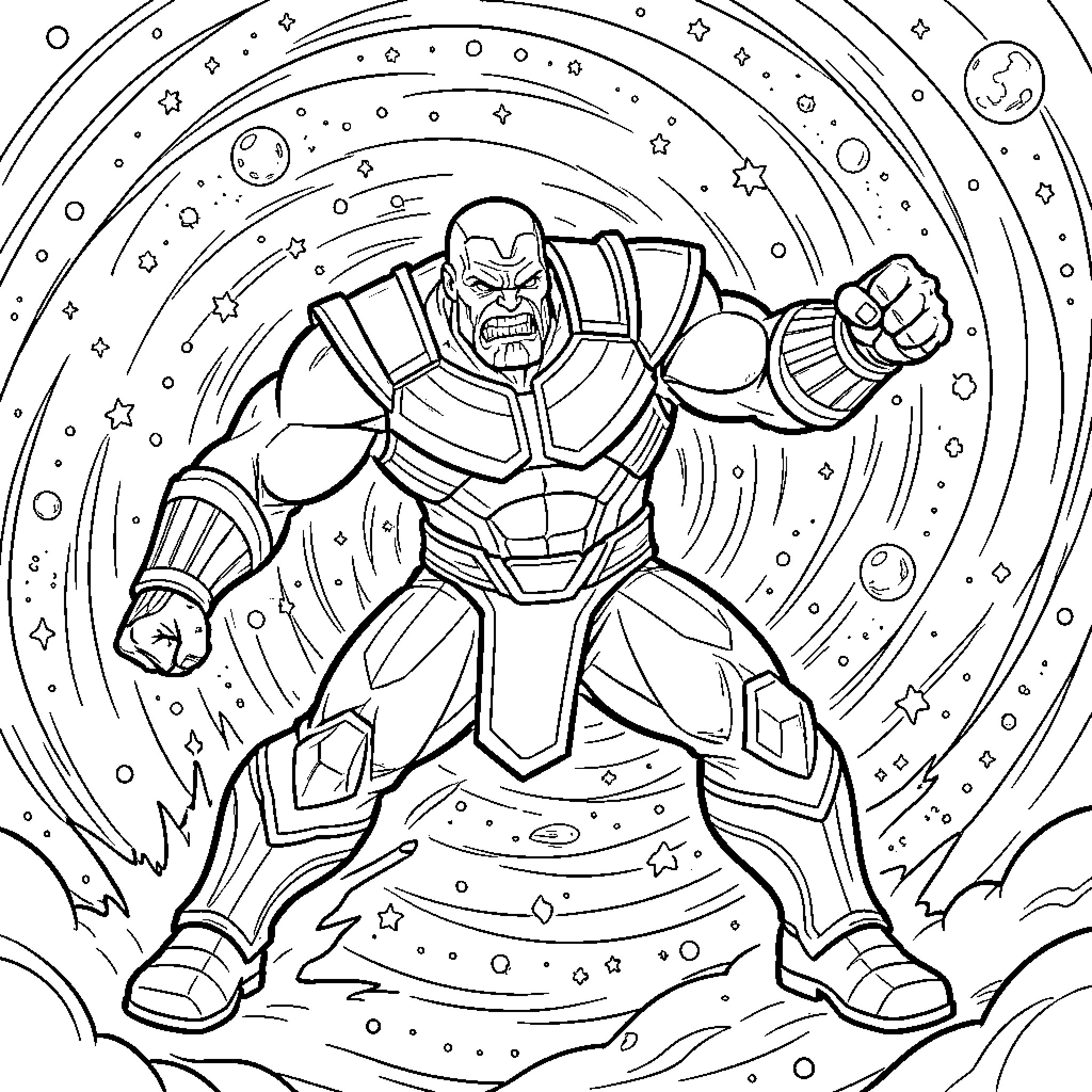Thanos unleashing his mighty power in the cosmos Coloring Page (free black-and-white line drawing printable PDF for all, from beginners to advanced learners, including children, teens, adults, and seniors)