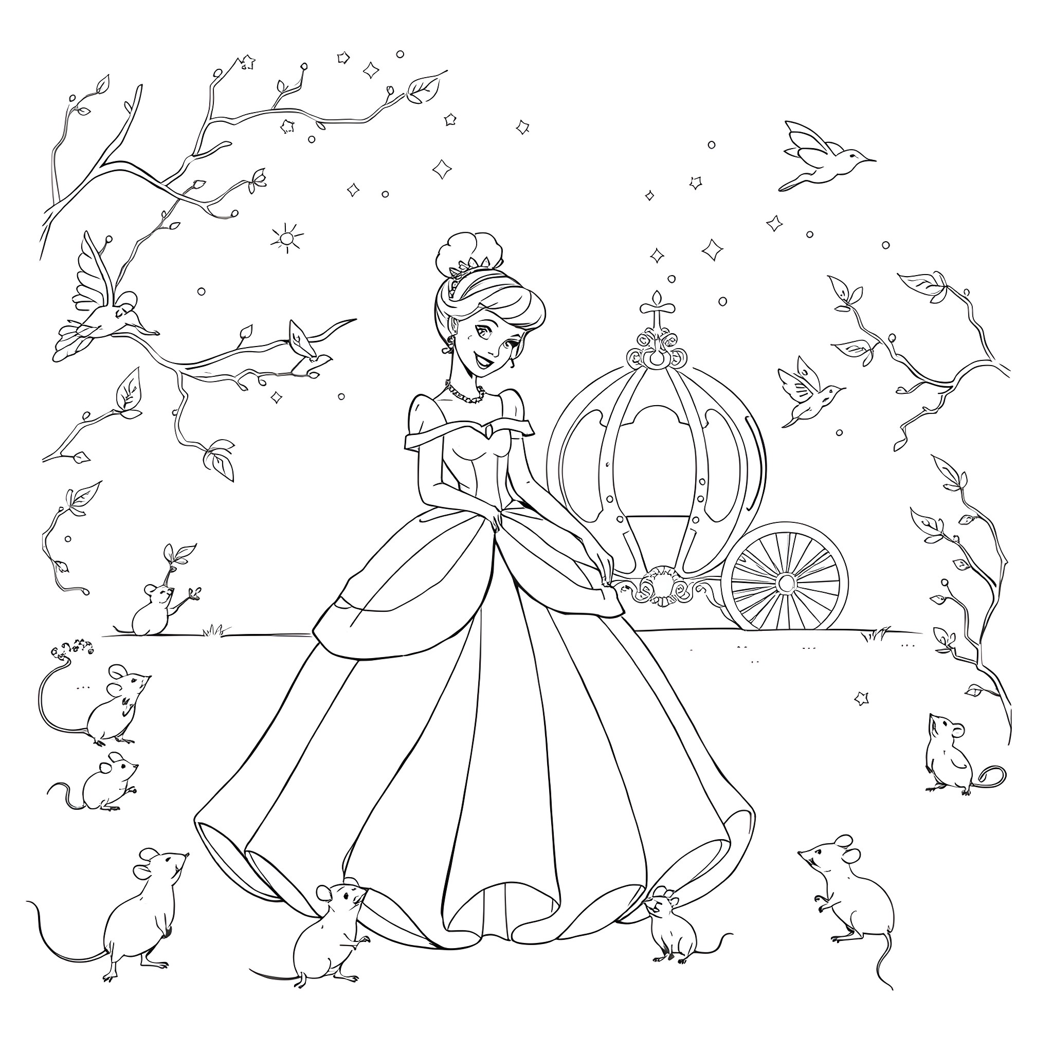 Cinderella in her beautiful ball gown with a magical carriage Coloring Page (free black-and-white line drawing printable PDF for all, from beginners to advanced learners, including children, teens, adults, and seniors)