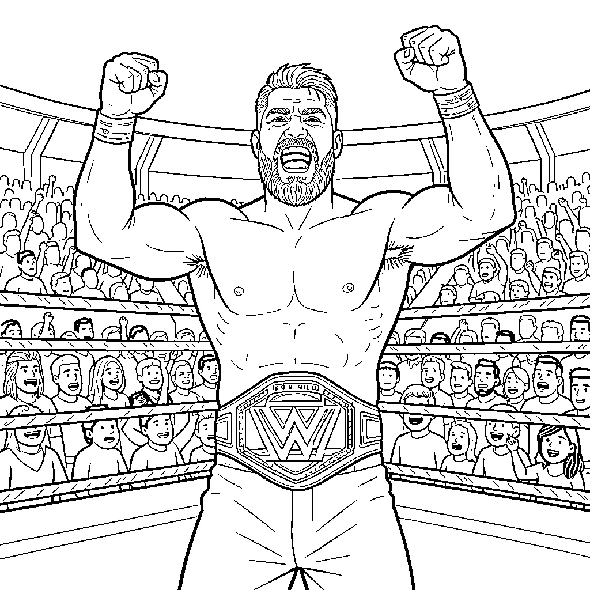 Jey Uso celebrating a victory in a wrestling ring Coloring Page (free black-and-white line drawing printable PDF for all, from beginners to advanced learners, including children, teens, adults, and seniors)