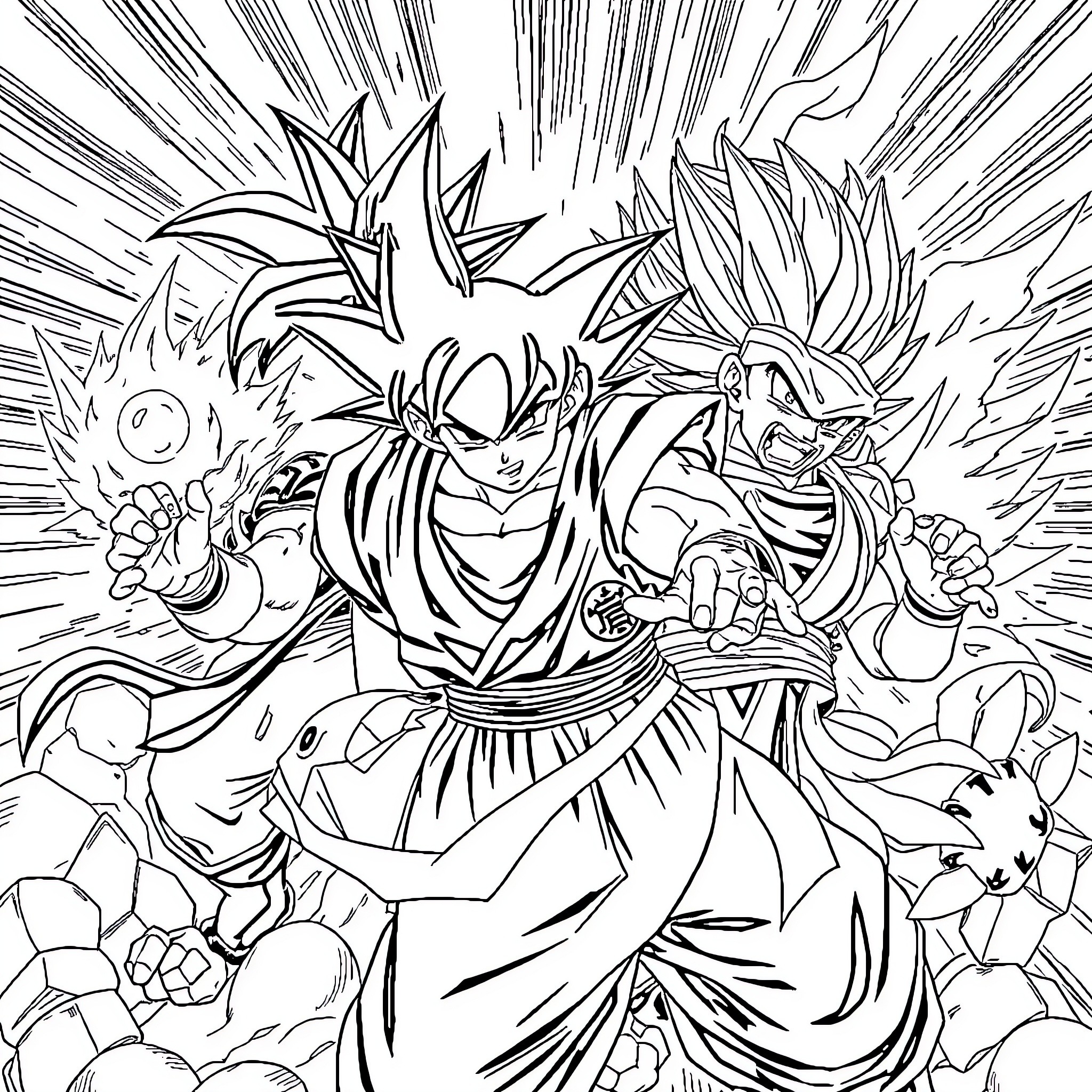 Dragonball Characters in Action Poses Coloring Page (free black-and-white line drawing printable PDF for all, from beginners to advanced learners, including children, teens, adults, and seniors)