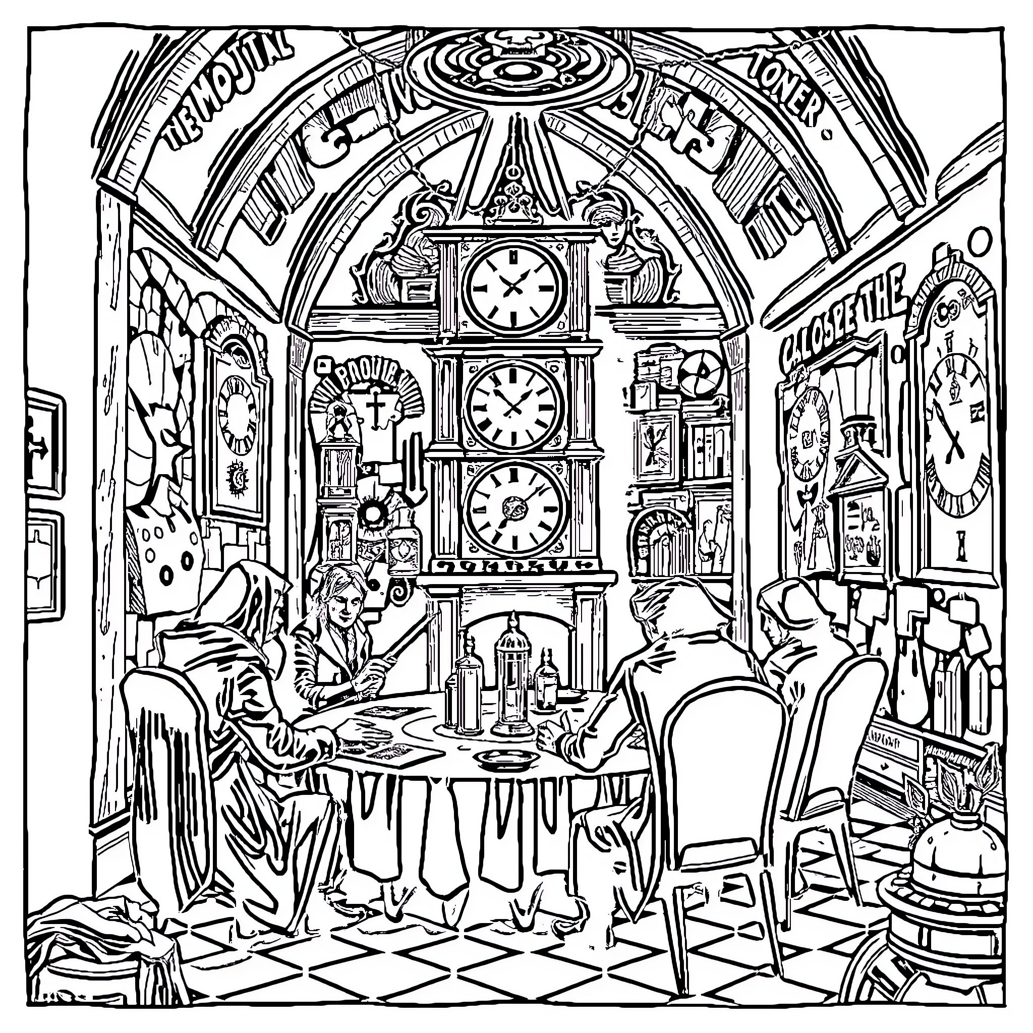 Blood on the Clocktower: Sinister Meeting in a Lavish Chamber Coloring Page (free black-and-white line drawing printable PDF for all, from beginners to advanced learners, including children, teens, adults, and seniors)