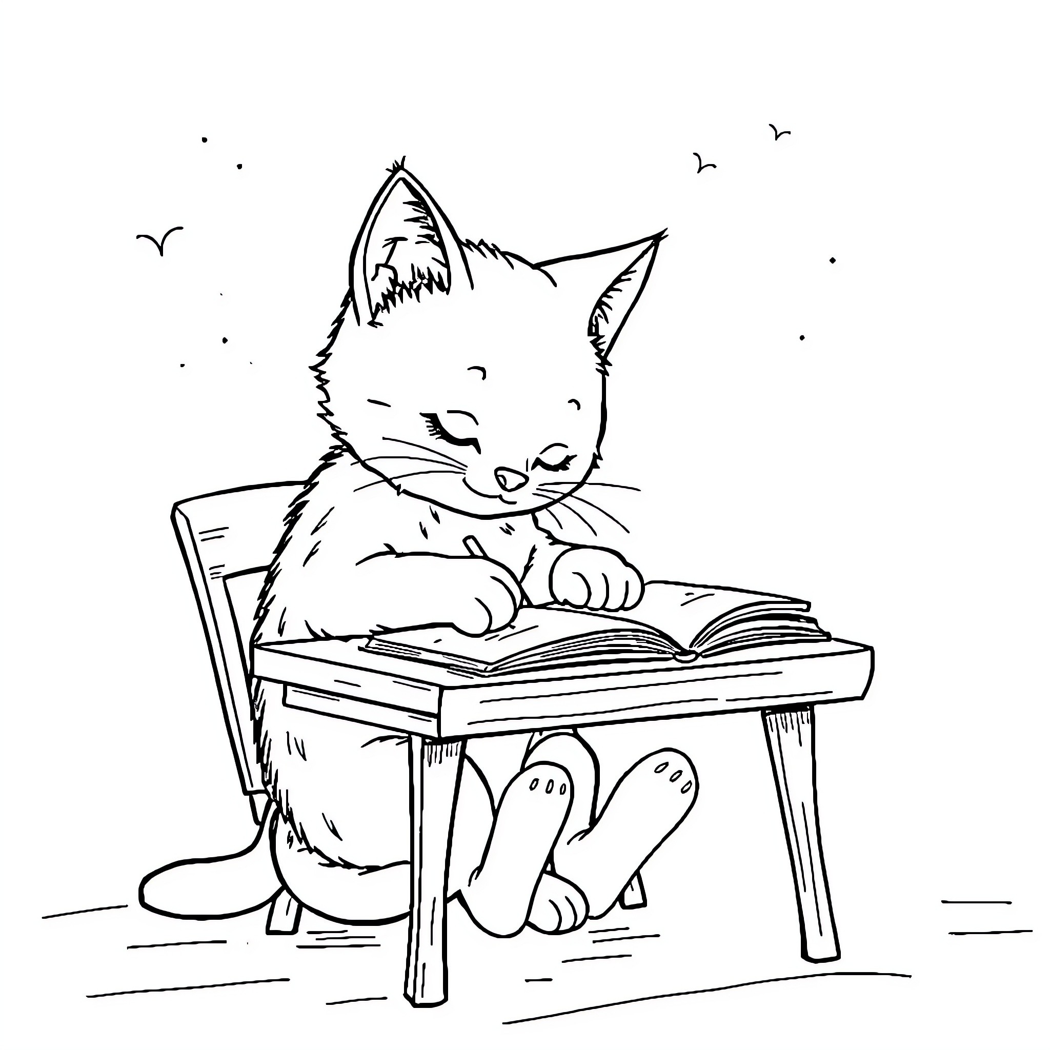 Cat reading a book happily Coloring Page (free black-and-white line drawing printable PDF for all, from beginners to advanced learners, including children, teens, adults, and seniors)