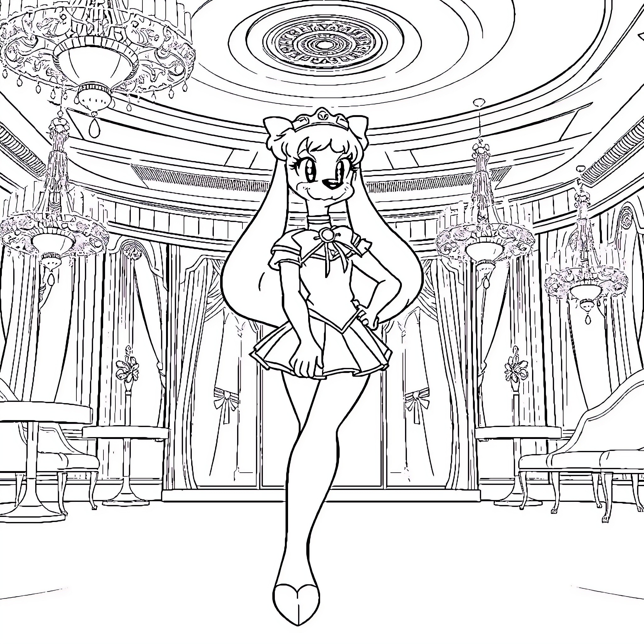 Sailor Pluto posing in a grand, ornate hall Coloring Page (free black-and-white line drawing printable PDF for all, from beginners to advanced learners, including children, teens, adults, and seniors)