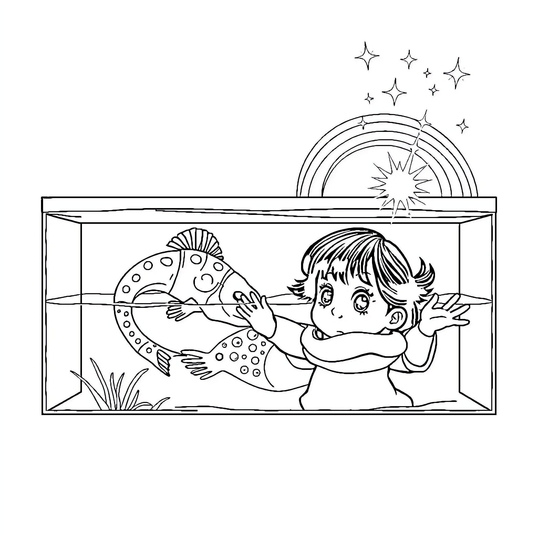 Axolotl and child in aquarium scene Coloring Page (free black-and-white line drawing printable PDF for all, from beginners to advanced learners, including children, teens, adults, and seniors)