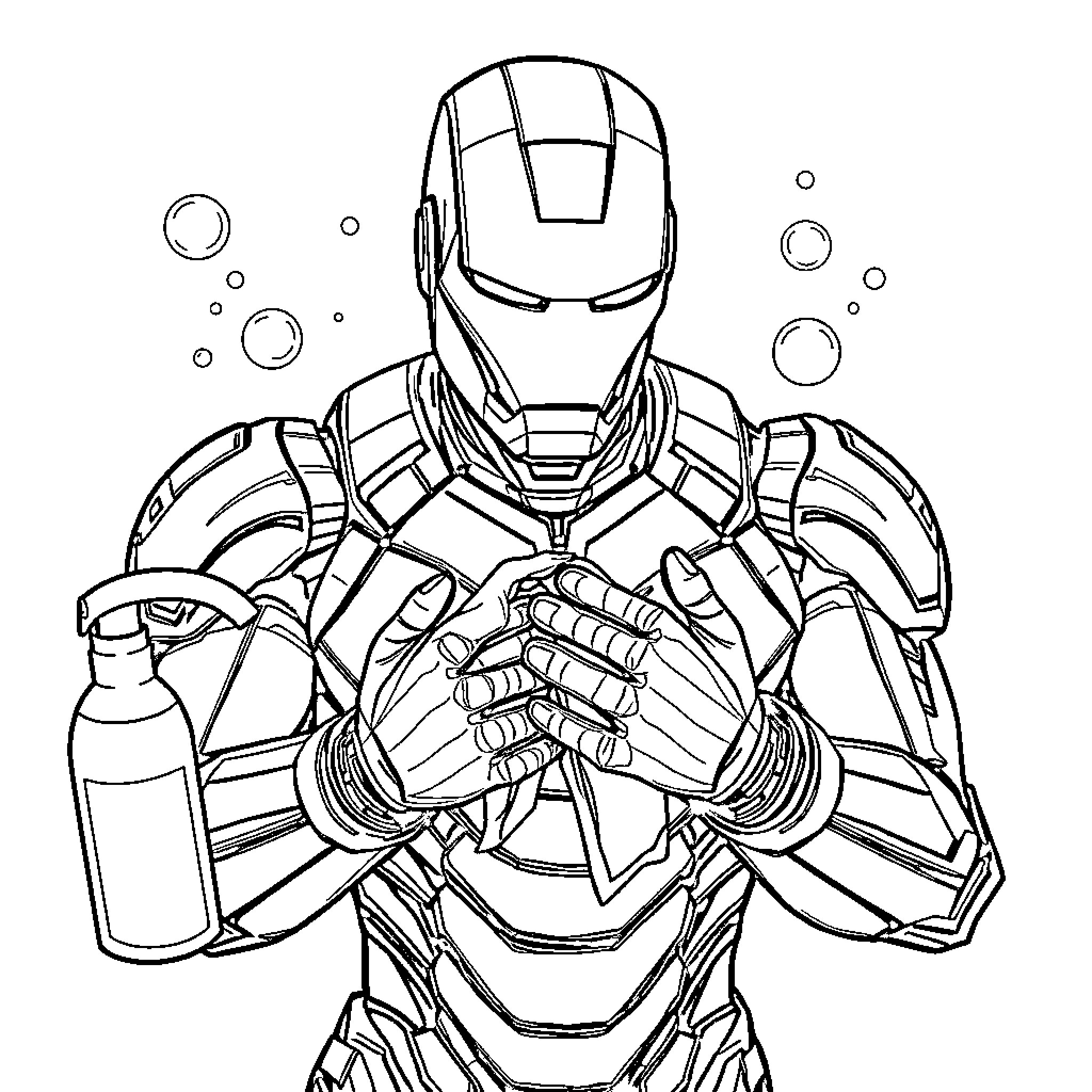 Iron Man Suit Preparation Coloring Page (free black-and-white line drawing printable PDF for all, from beginners to advanced learners, including children, teens, adults, and seniors)
