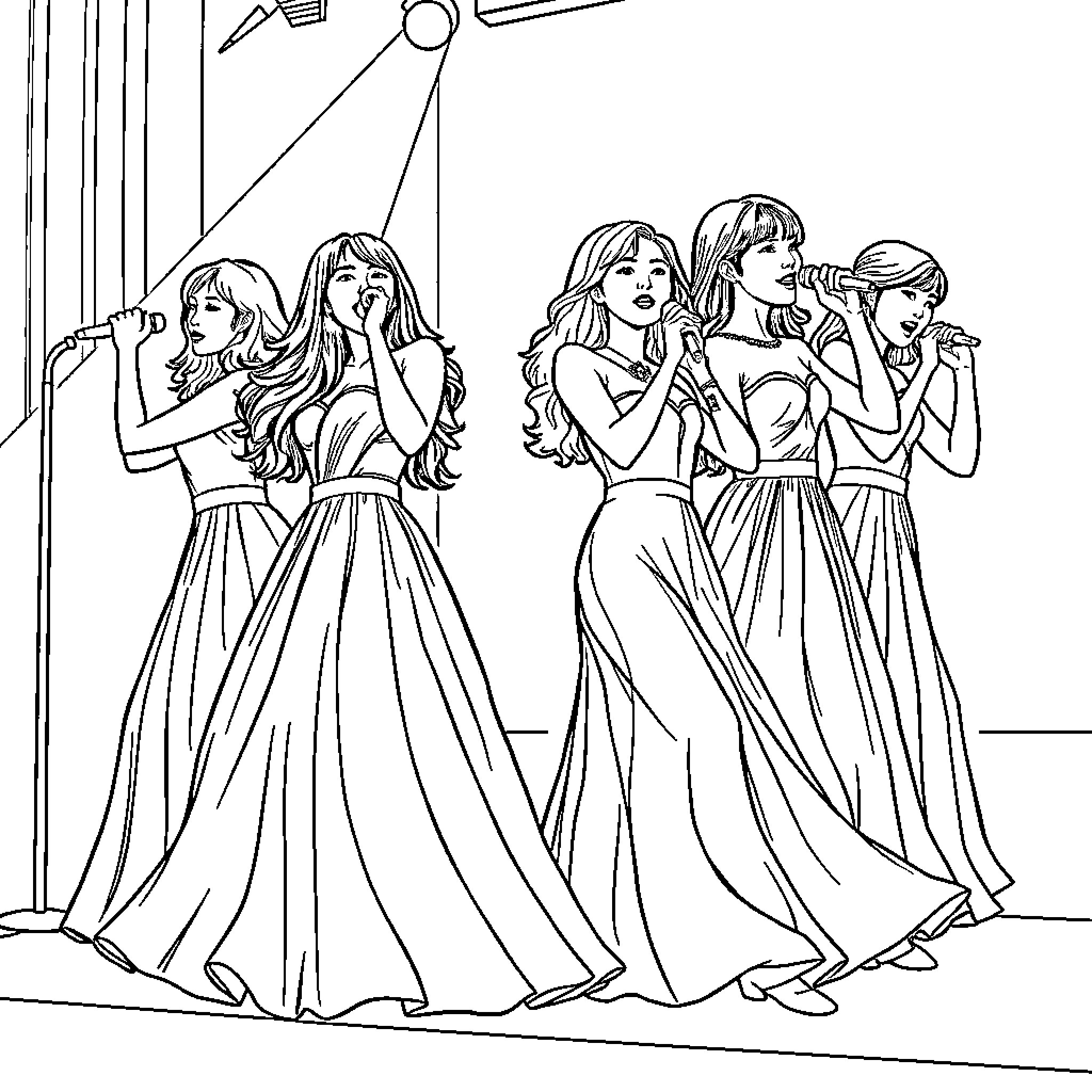 Kpop stars performing on stage with elegant outfits Coloring Page (free black-and-white line drawing printable PDF for all, from beginners to advanced learners, including children, teens, adults, and seniors)