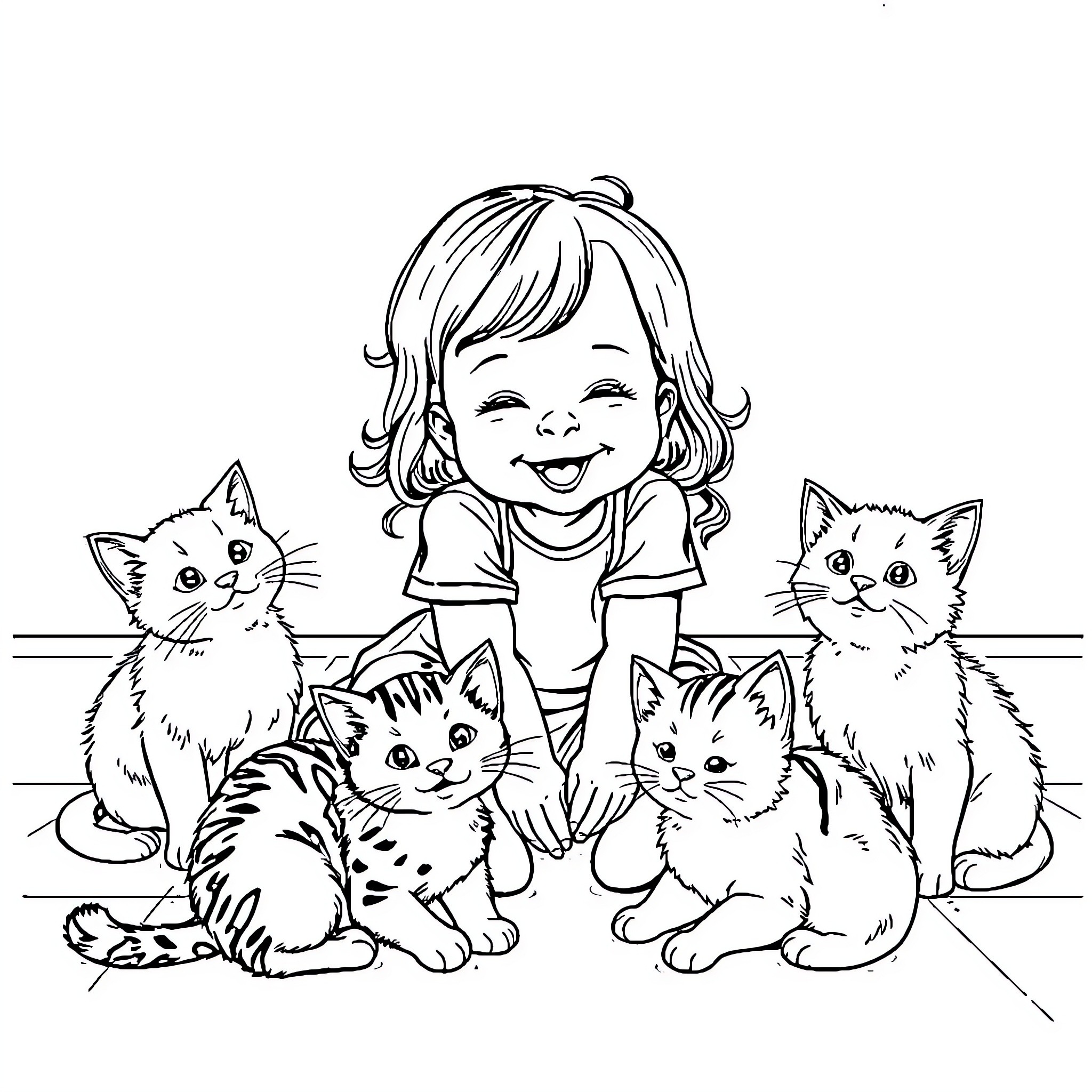 Baby playing happily with kittens Coloring Page (free black-and-white line drawing printable PDF for all, from beginners to advanced learners, including children, teens, adults, and seniors)