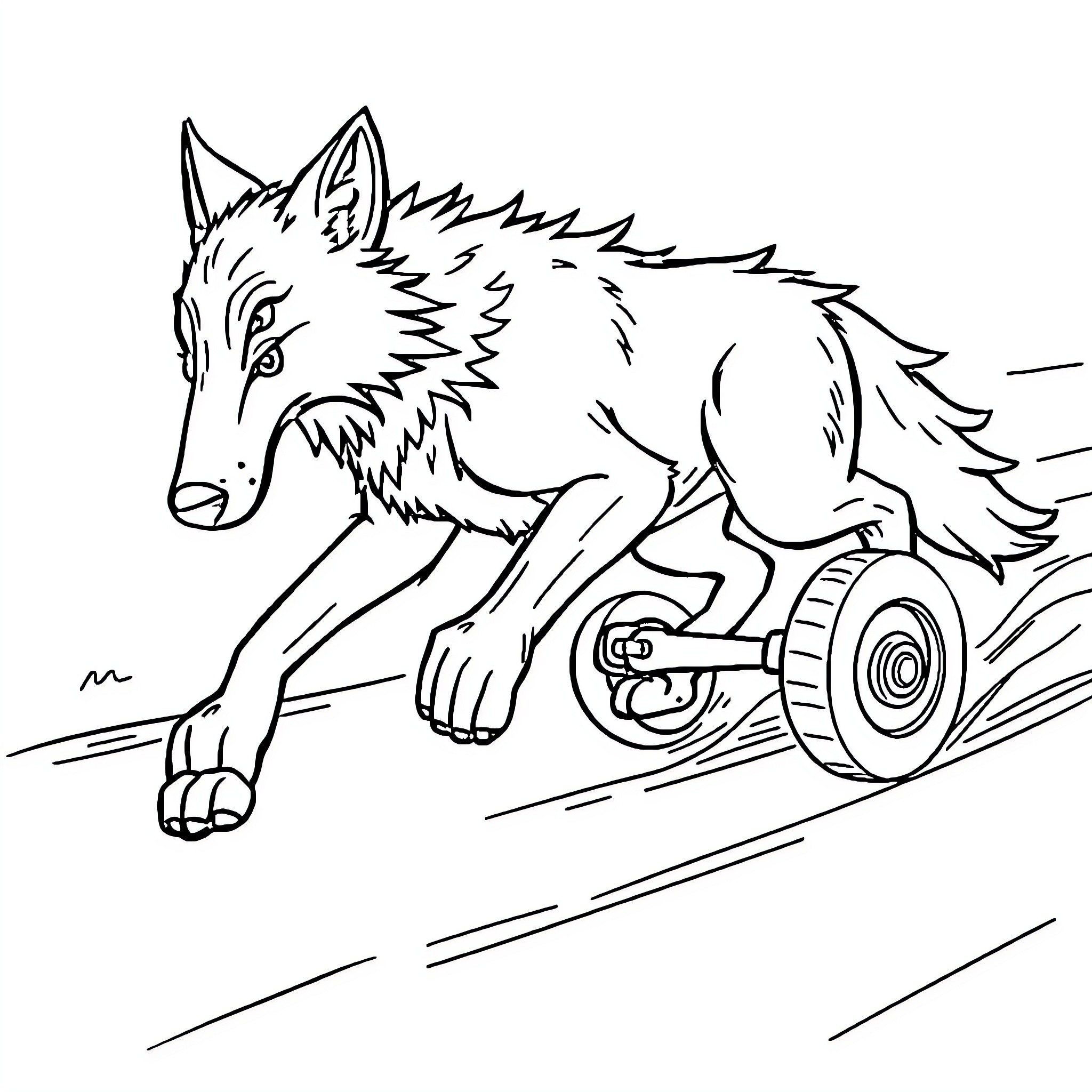 Wolf running with wheels attached to its feet Coloring Page (free black-and-white line drawing printable PDF for all, from beginners to advanced learners, including children, teens, adults, and seniors)