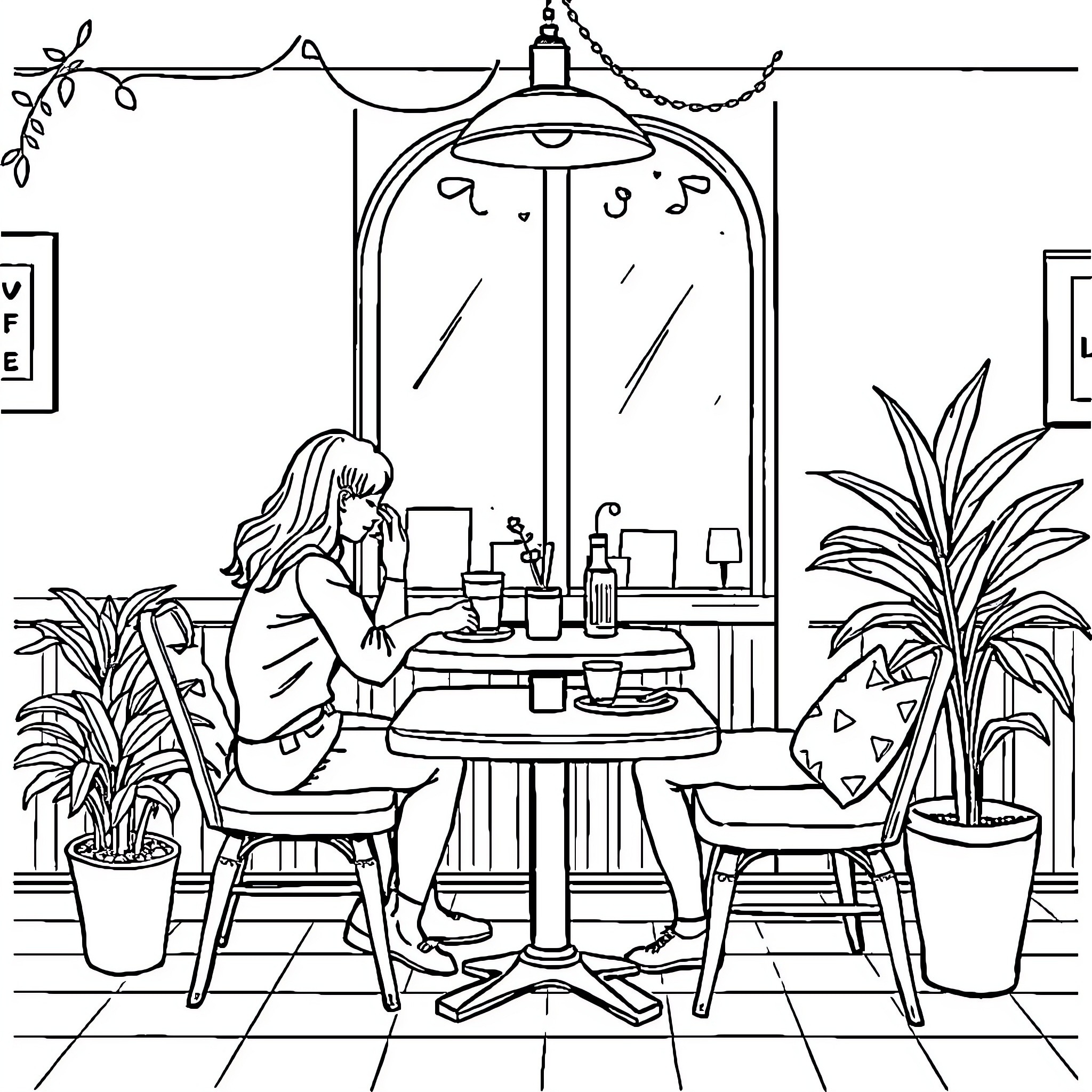 Cafe scene with woman enjoying a drink Coloring Page (free black-and-white line drawing printable PDF for all, from beginners to advanced learners, including children, teens, adults, and seniors)
