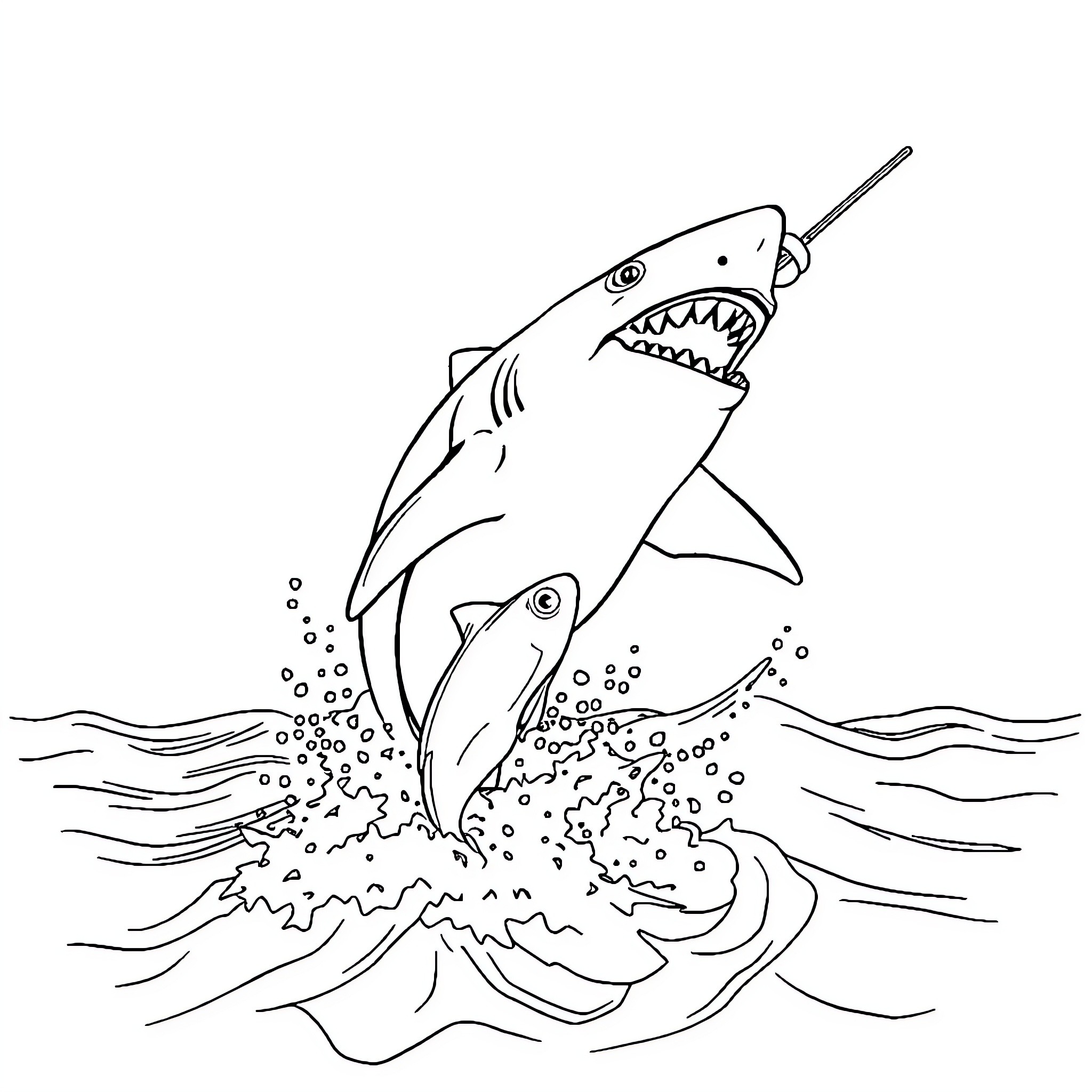 Shark bursting through waves Coloring Page (free black-and-white line drawing printable PDF for all, from beginners to advanced learners, including children, teens, adults, and seniors)
