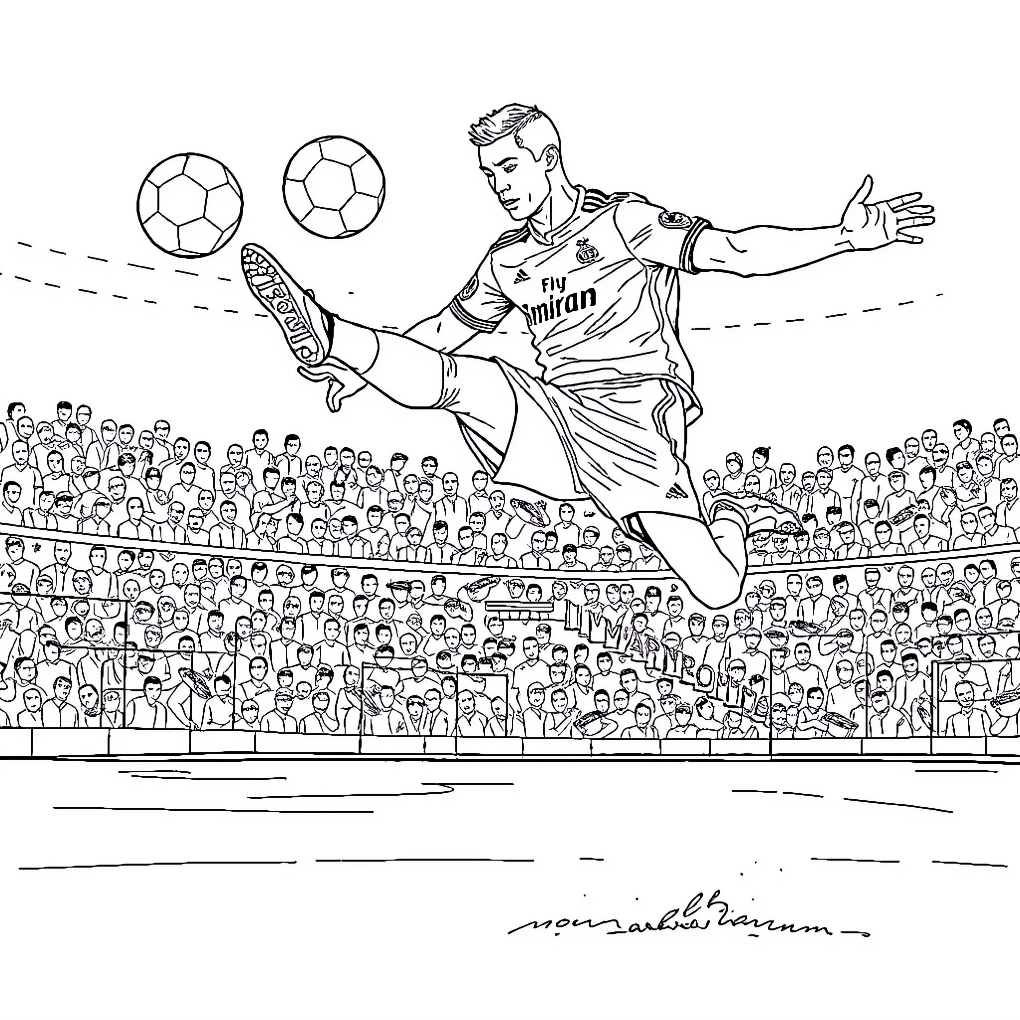 Cristiano Ronaldo performing soccer skills in stadium Coloring Page (free black-and-white line drawing printable PDF for all, from beginners to advanced learners, including children, teens, adults, and seniors)