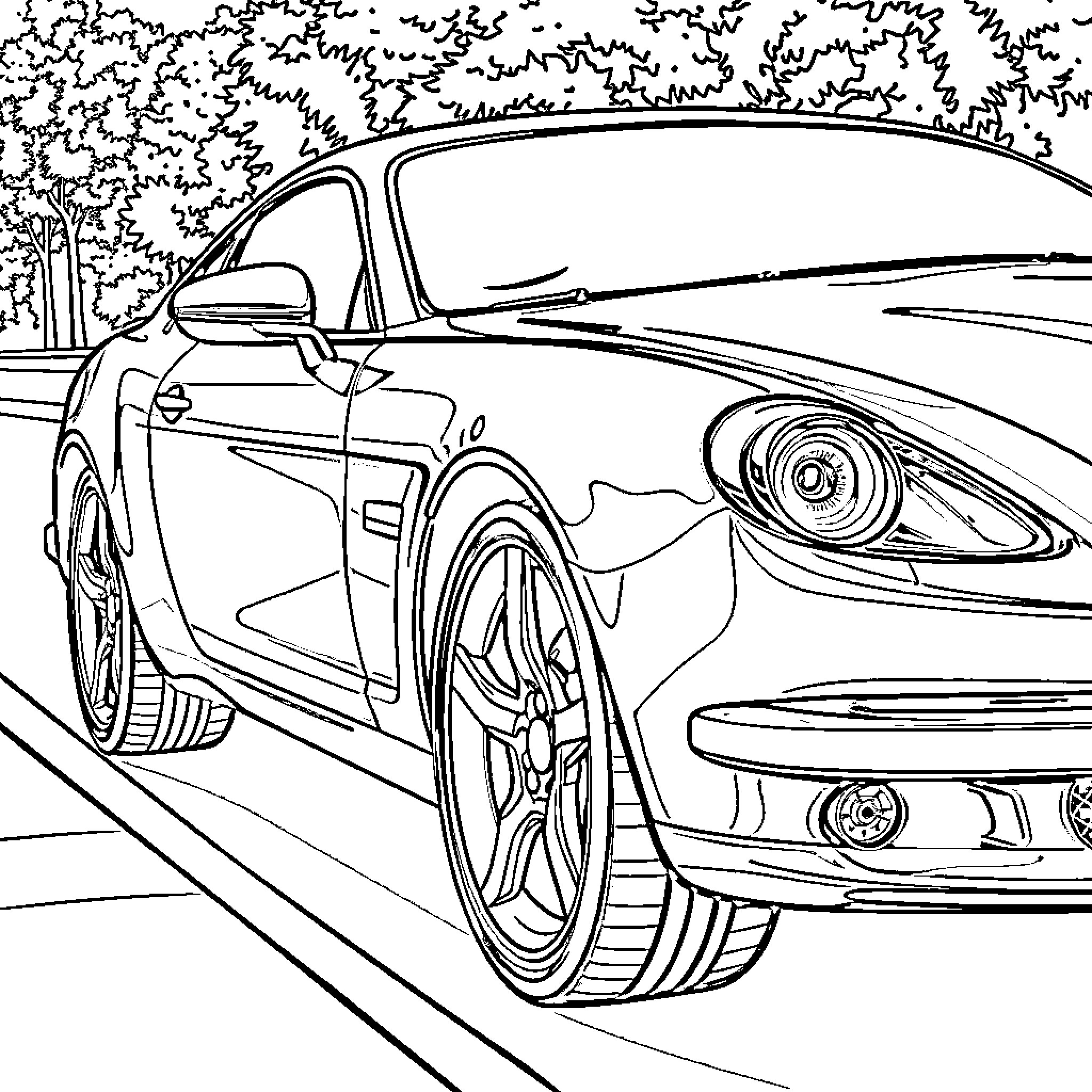 Car speeding on the road with trees Coloring Page (free black-and-white line drawing printable PDF for all, from beginners to advanced learners, including children, teens, adults, and seniors)