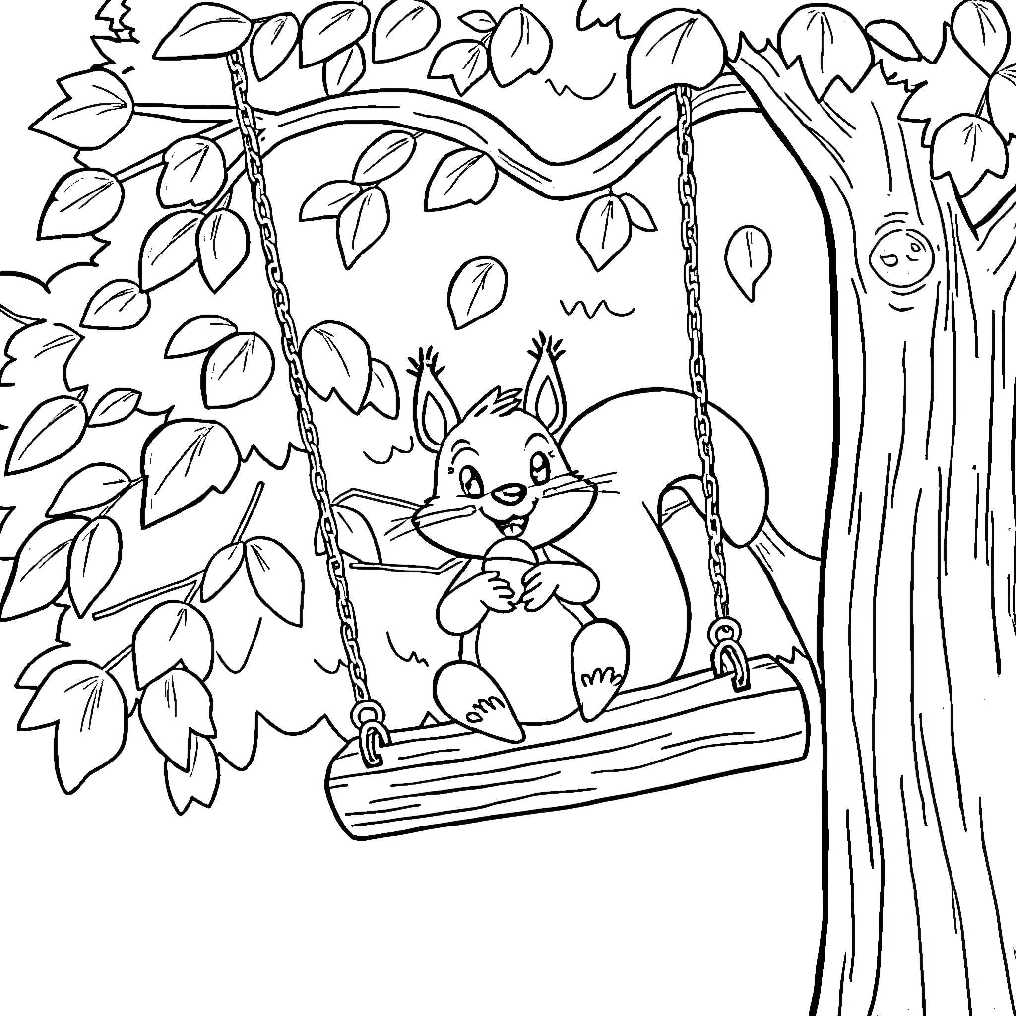 Squirrel playing on a swing in the forest Coloring Page (free black-and-white line drawing printable PDF for all, from beginners to advanced learners, including children, teens, adults, and seniors)