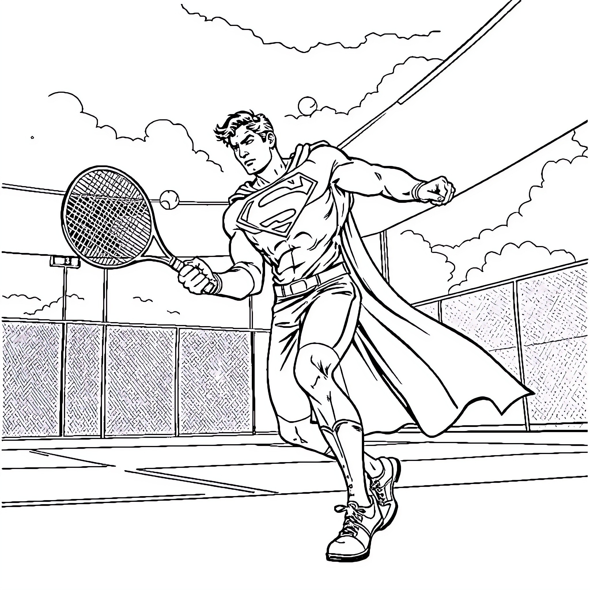 Superman heroically playing tennis Coloring Page (free black-and-white line drawing printable PDF for all, from beginners to advanced learners, including children, teens, adults, and seniors)
