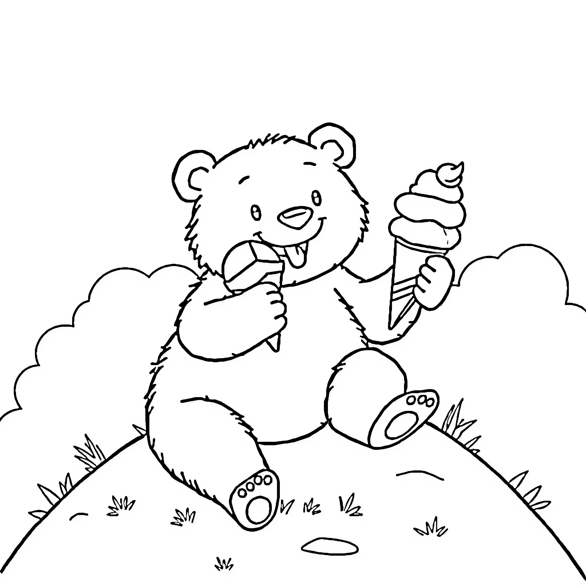 Bear enjoying ice cream in nature Coloring Page (free black-and-white line drawing printable PDF for all, from beginners to advanced learners, including children, teens, adults, and seniors)