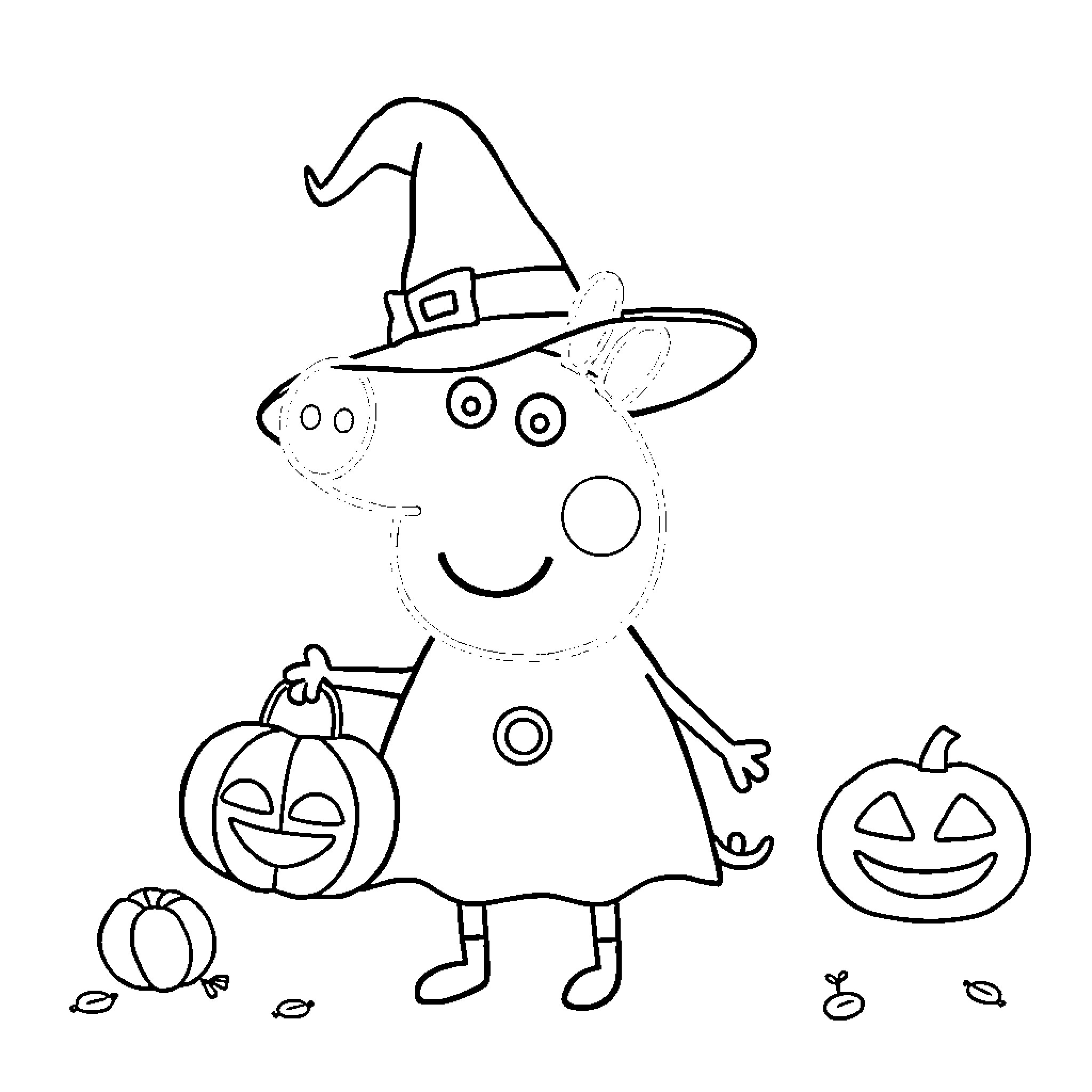 Peppa Pig in Halloween costume with pumpkins Coloring Page (free black-and-white line drawing printable PDF for all, from beginners to advanced learners, including children, teens, adults, and seniors)