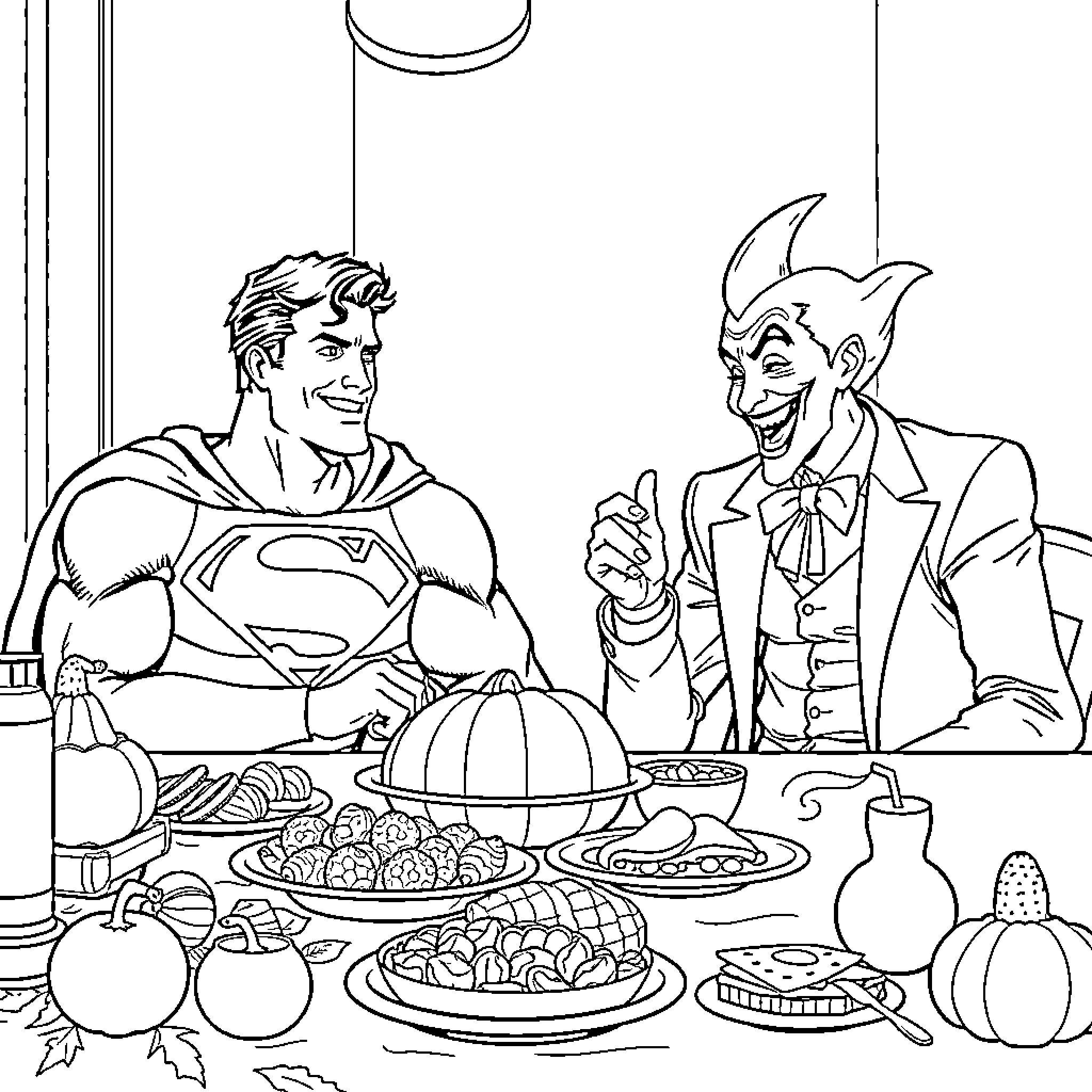 Superman Sharing a Festive Meal with the Joker Coloring Page (free black-and-white line drawing printable PDF for all, from beginners to advanced learners, including children, teens, adults, and seniors)