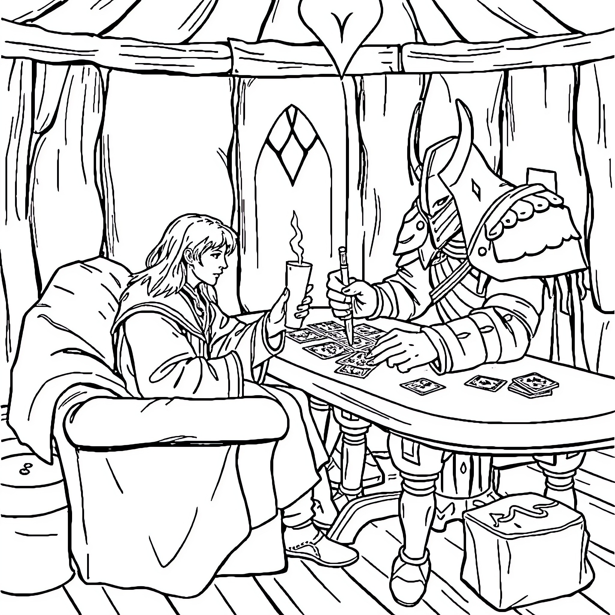 Frodo and Gandalf discuss plans in a cozy cabin Coloring Page (free black-and-white line drawing printable PDF for all, from beginners to advanced learners, including children, teens, adults, and seniors)