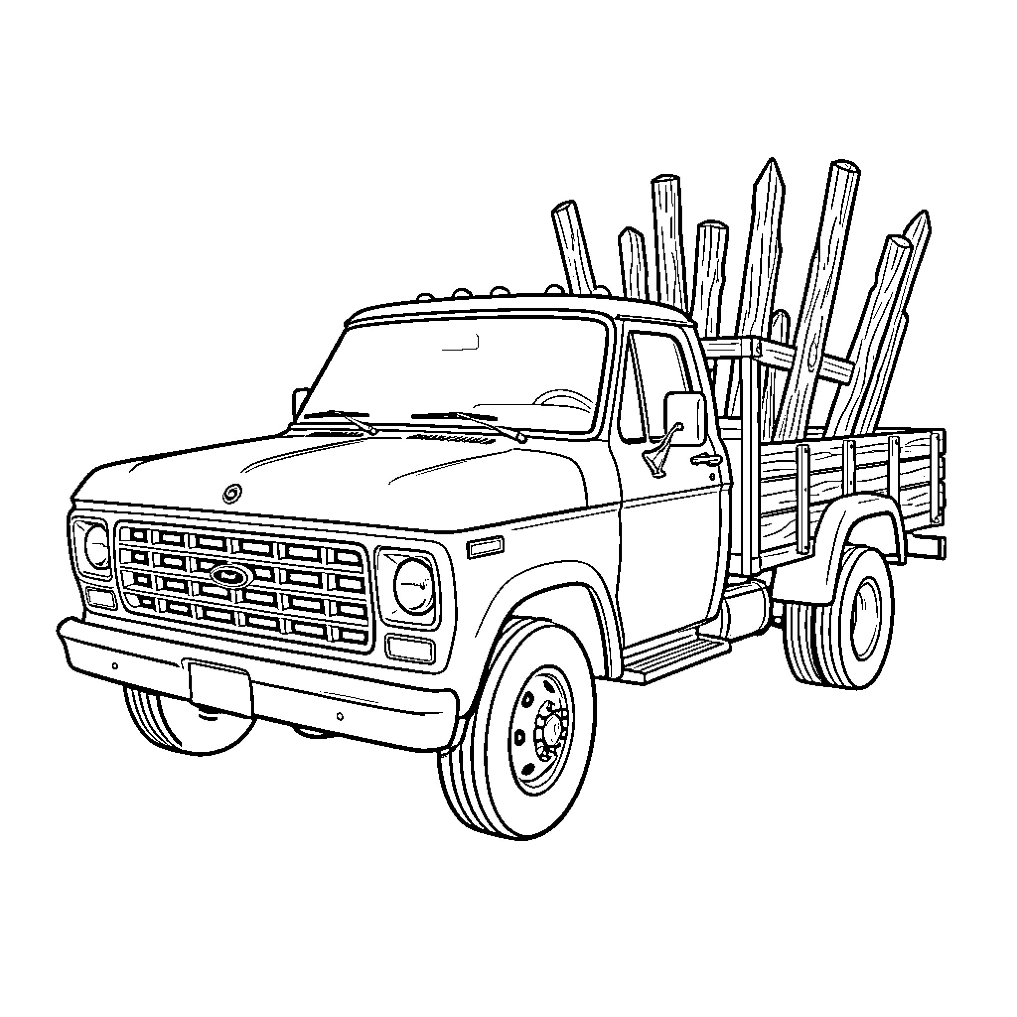 Ford F600 truck transporting wooden logs in the back Coloring Page (free black-and-white line drawing printable PDF for all, from beginners to advanced learners, including children, teens, adults, and seniors)