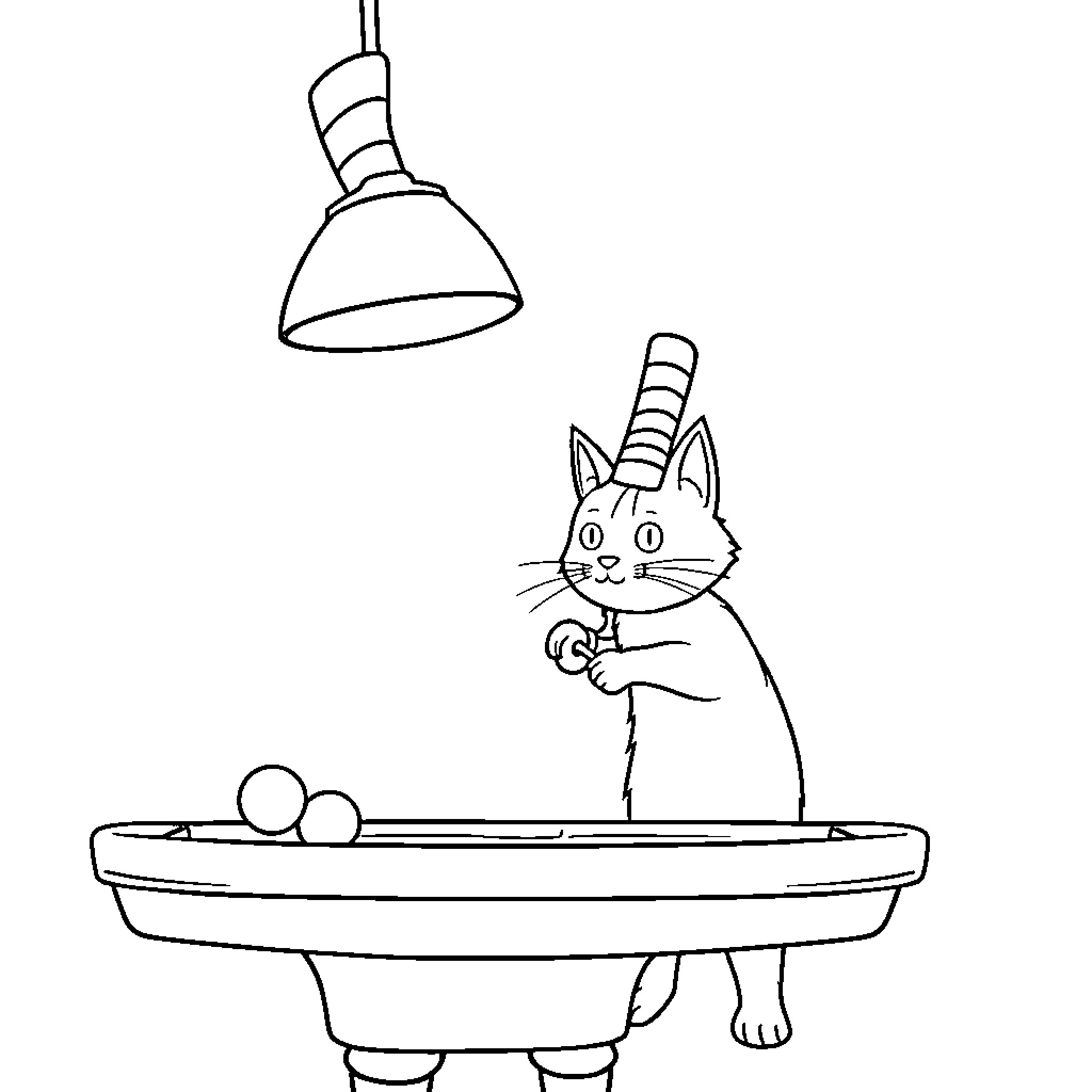 Cat bathing under spotlight Coloring Page (free black-and-white line drawing printable PDF for all, from beginners to advanced learners, including children, teens, adults, and seniors)