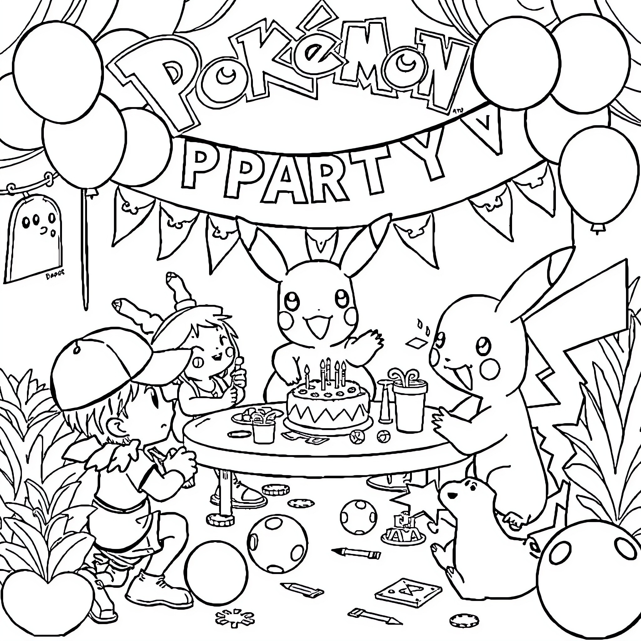 Pokémon Party Celebration with Characters and Decorations Coloring Page (free black-and-white line drawing printable PDF for all, from beginners to advanced learners, including children, teens, adults, and seniors)