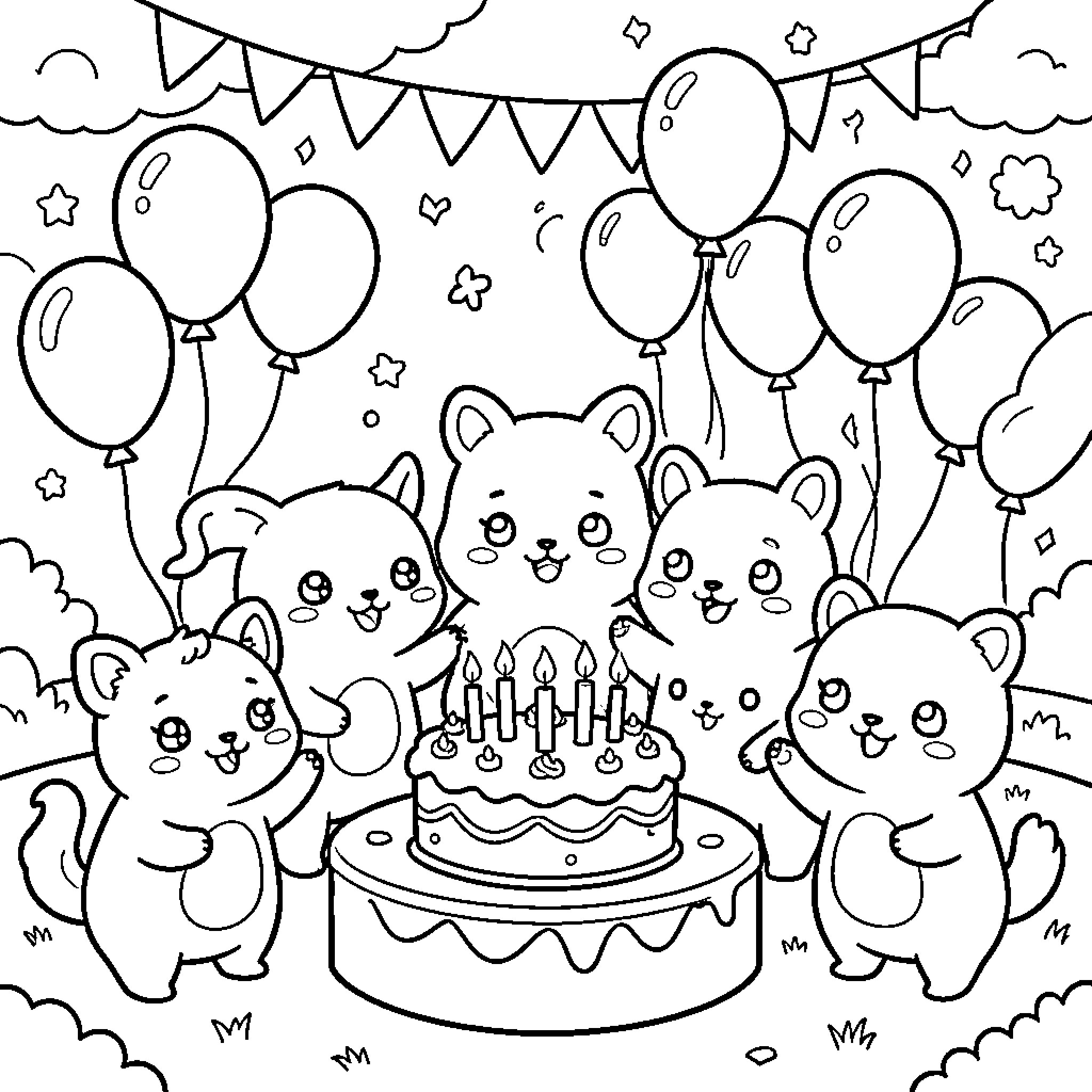 Animal Party with Cake and Balloons Coloring Page (free black-and-white line drawing printable PDF for all, from beginners to advanced learners, including children, teens, adults, and seniors)