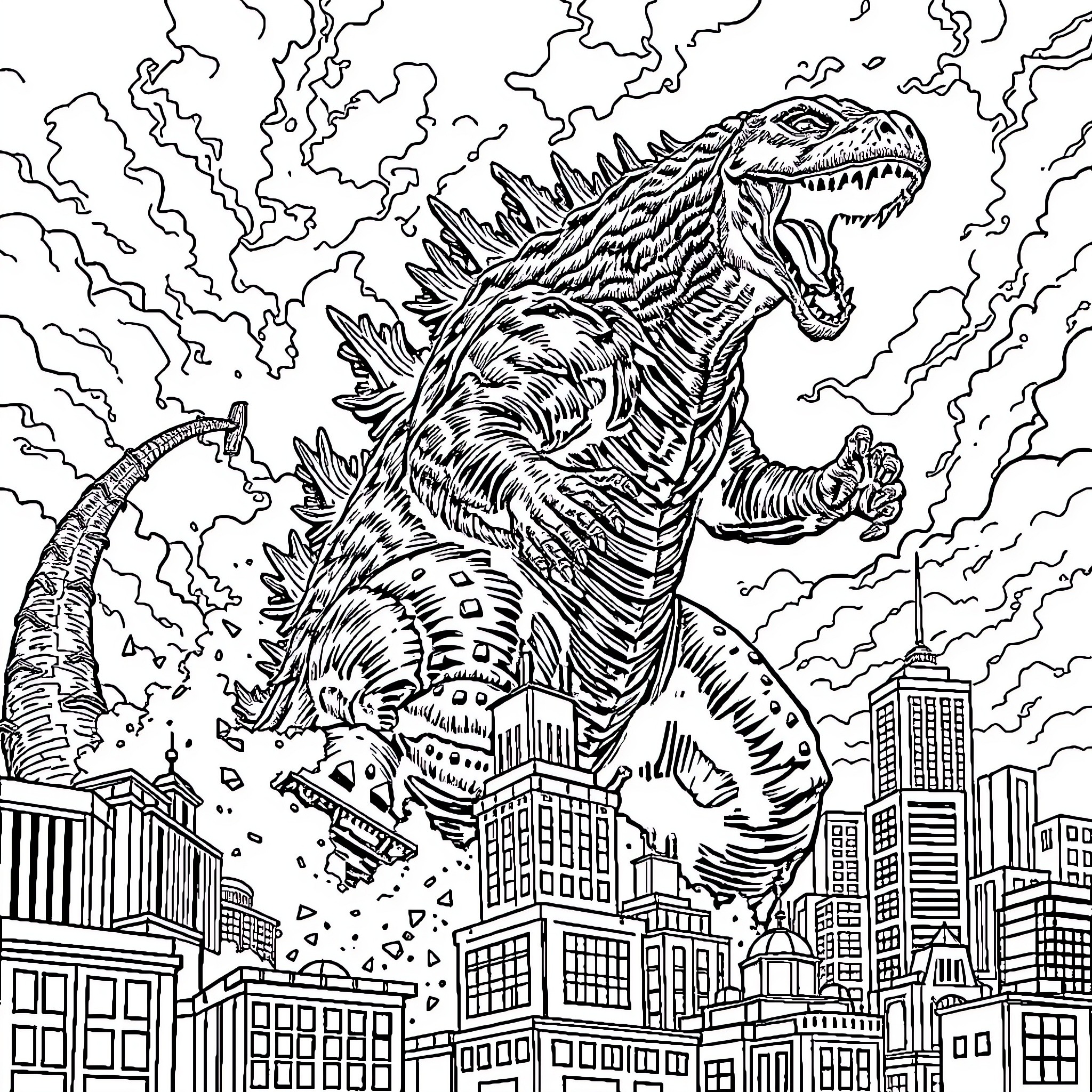 Godzilla's Destructive Rampage Over the City Coloring Page (free black-and-white line drawing printable PDF for all, from beginners to advanced learners, including children, teens, adults, and seniors)