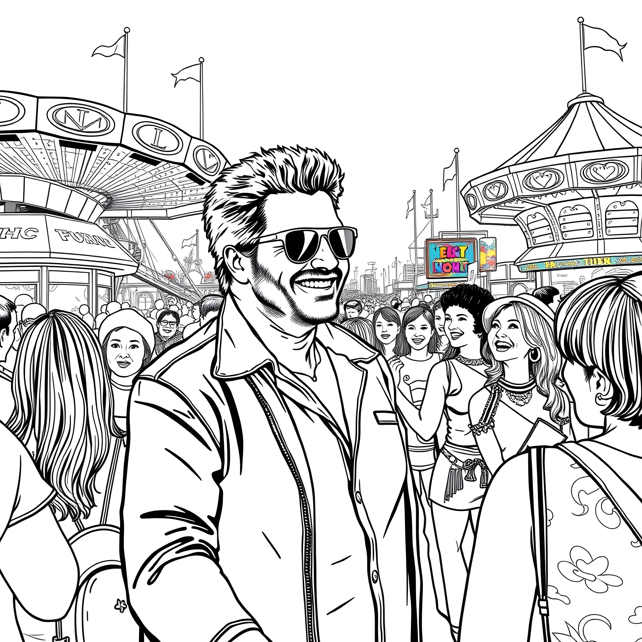 David Hasselhoff Surrounded by Adoring Fans at a Carnival Coloring Page (free black-and-white line drawing printable PDF for all, from beginners to advanced learners, including children, teens, adults, and seniors)