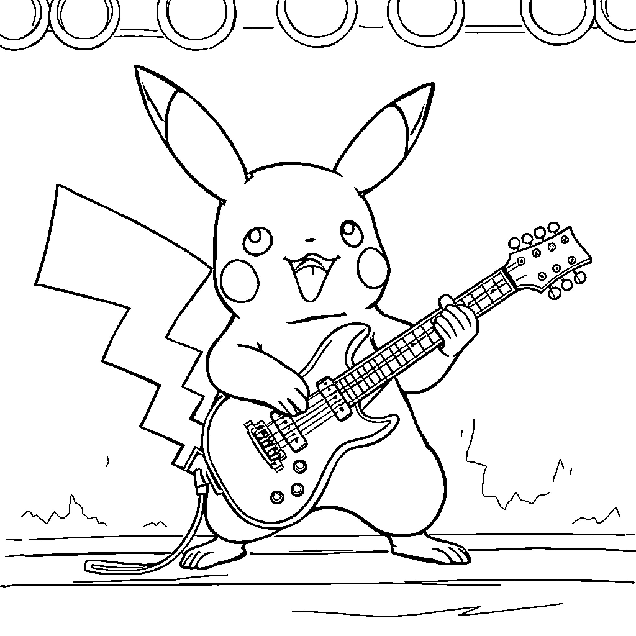 Pikachu playing an electric guitar Coloring Page (free black-and-white line drawing printable PDF for all, from beginners to advanced learners, including children, teens, adults, and seniors)