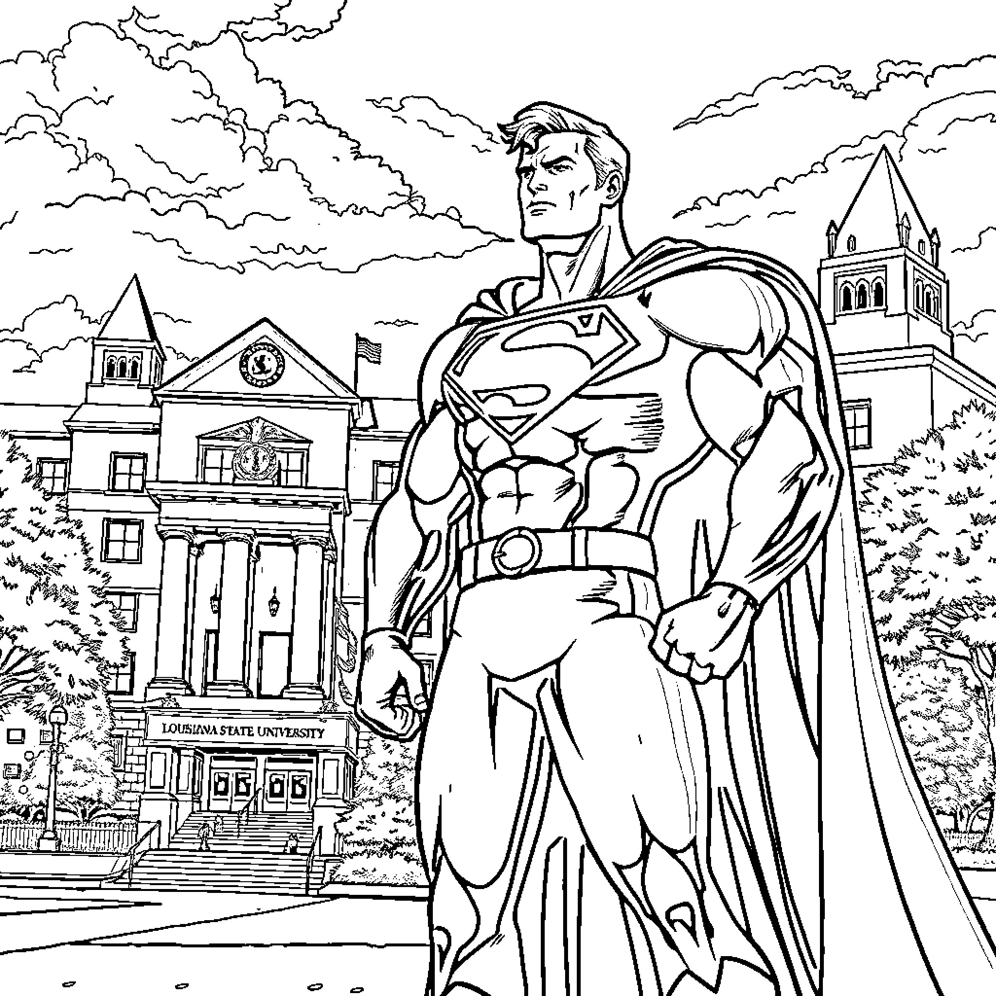Superman standing heroically in front of a university Coloring Page (free black-and-white line drawing printable PDF for all, from beginners to advanced learners, including children, teens, adults, and seniors)
