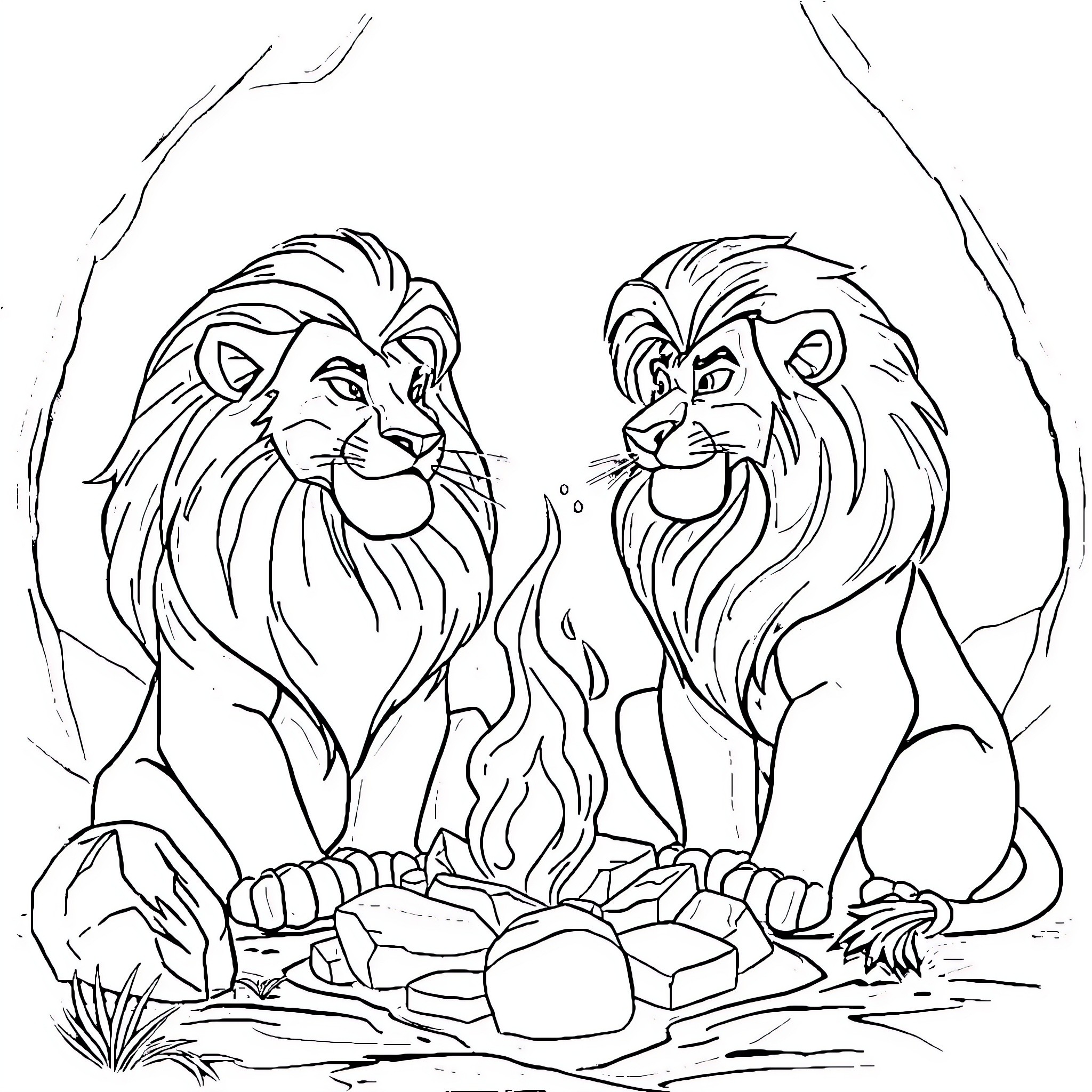 Simba and Mufasa sharing a moment in the wilderness Coloring Page (free black-and-white line drawing printable PDF for all, from beginners to advanced learners, including children, teens, adults, and seniors)