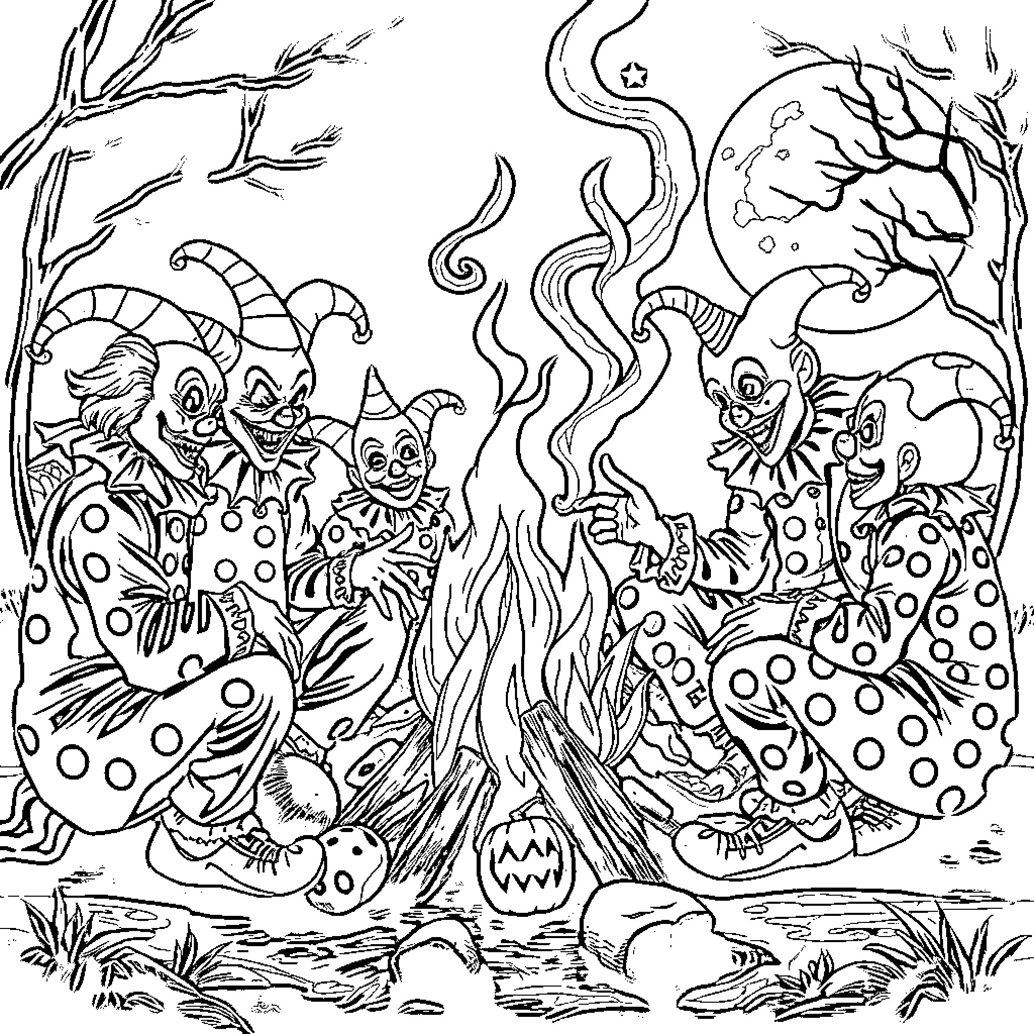 Clown characters gathered around a campfire Coloring Page (free black-and-white line drawing printable PDF for all, from beginners to advanced learners, including children, teens, adults, and seniors)