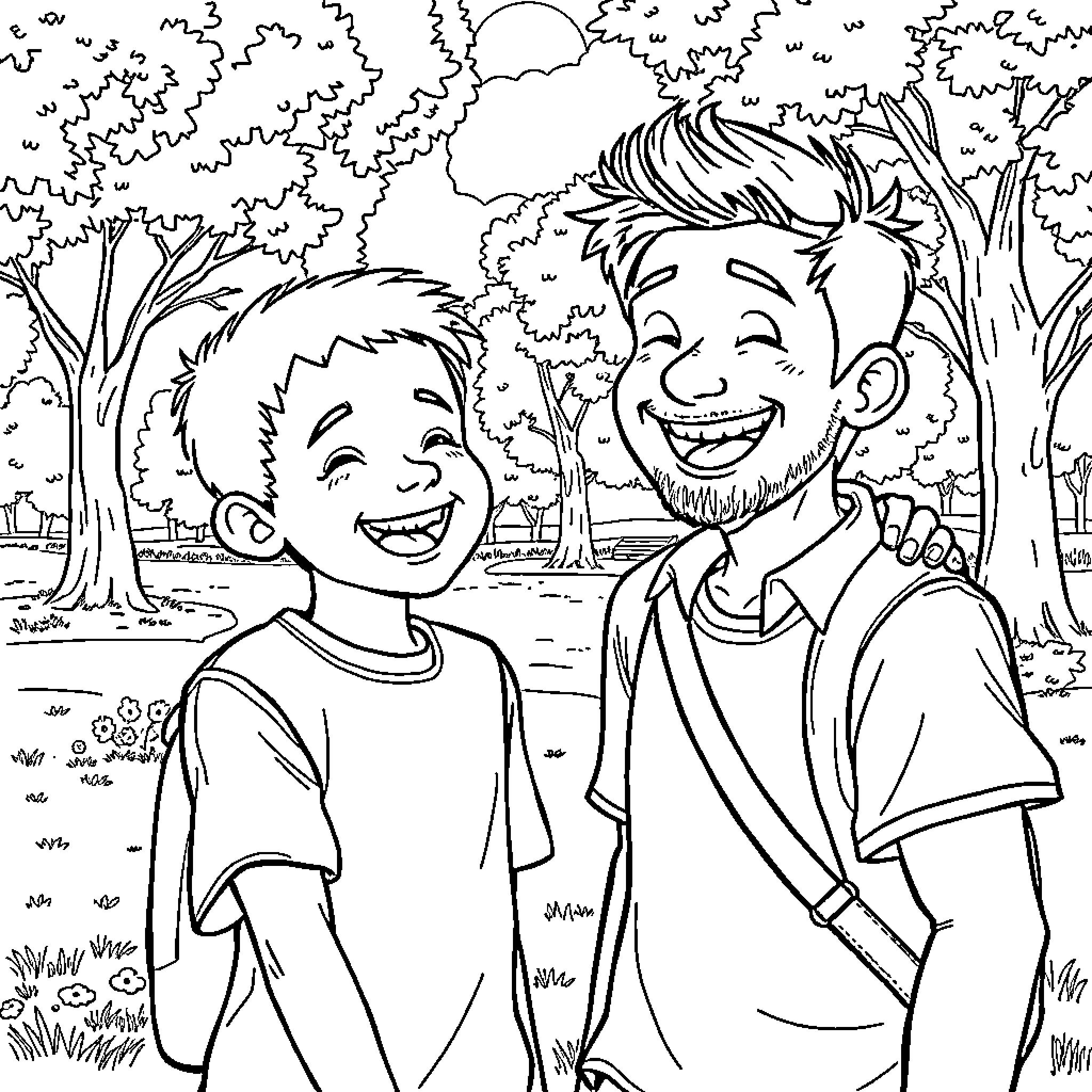 Lamine Yamal's happy moment with friend in the forest Coloring Page (free black-and-white line drawing printable PDF for all, from beginners to advanced learners, including children, teens, adults, and seniors)