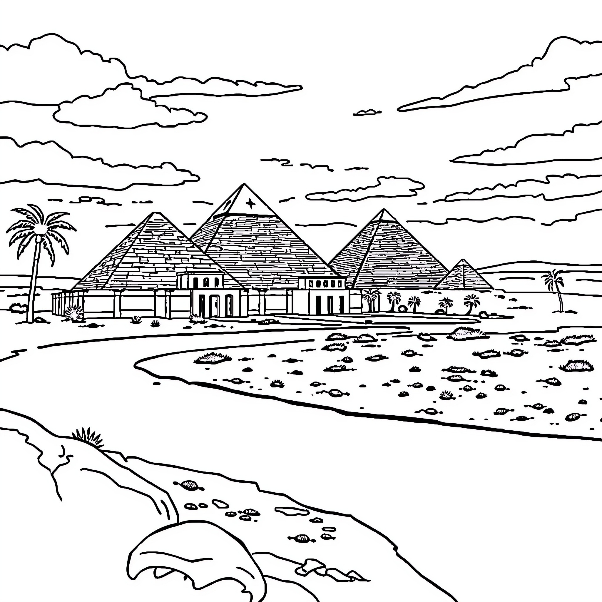 Egypt: Majestic Pyramids and Serene Coastal Scene Coloring Page (free black-and-white line drawing printable PDF for all, from beginners to advanced learners, including children, teens, adults, and seniors)