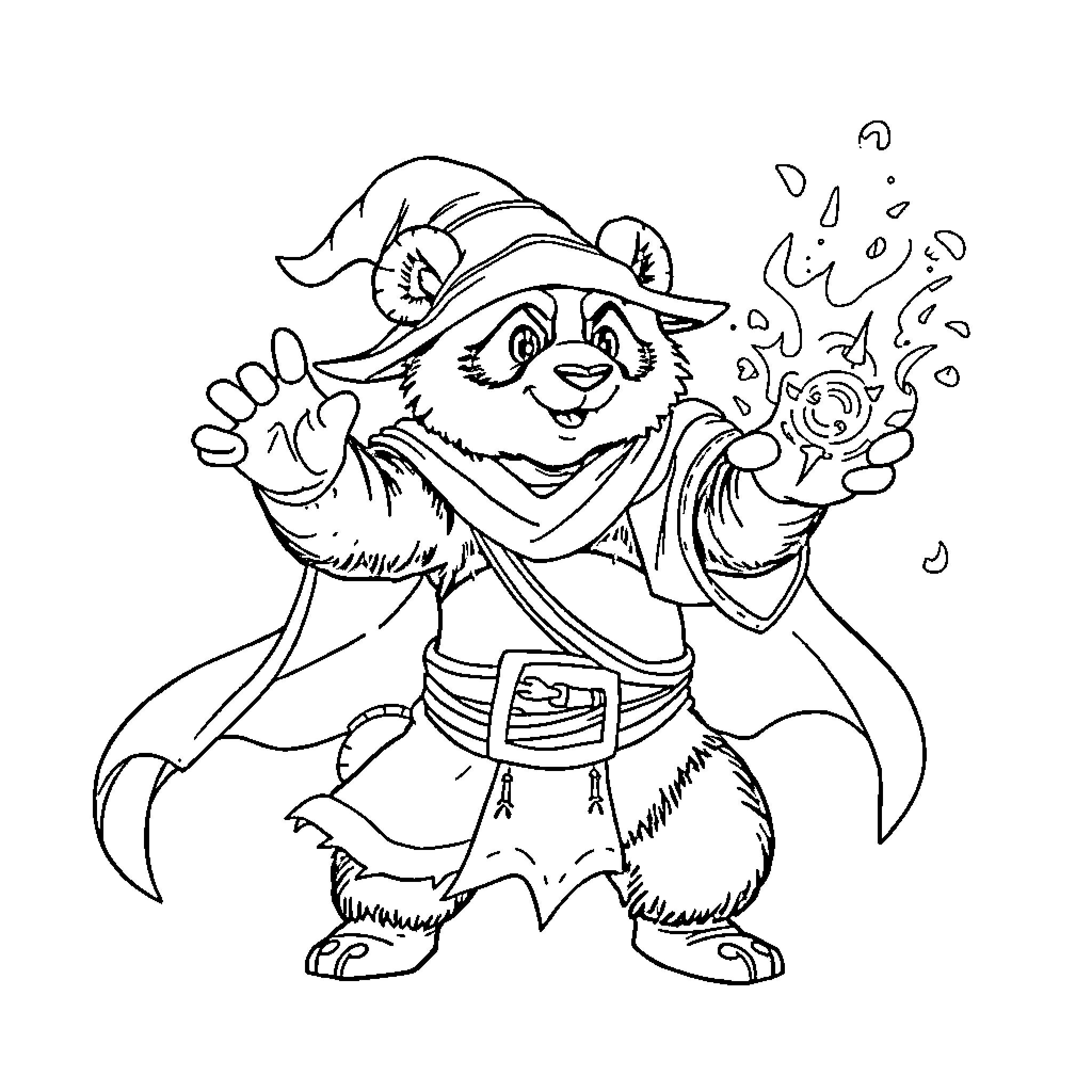 Mage Raccoon Casting Magical Spells Coloring Page (free black-and-white line drawing printable PDF for all, from beginners to advanced learners, including children, teens, adults, and seniors)