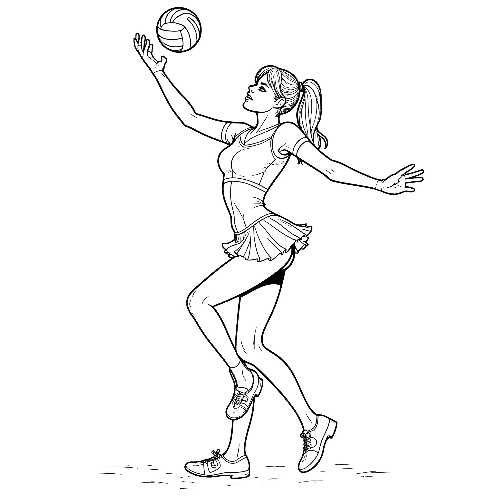 Harley Quinn playing volleyball with enthusiasm Coloring Page (free black-and-white line drawing printable PDF for all, from beginners to advanced learners, including children, teens, adults, and seniors)