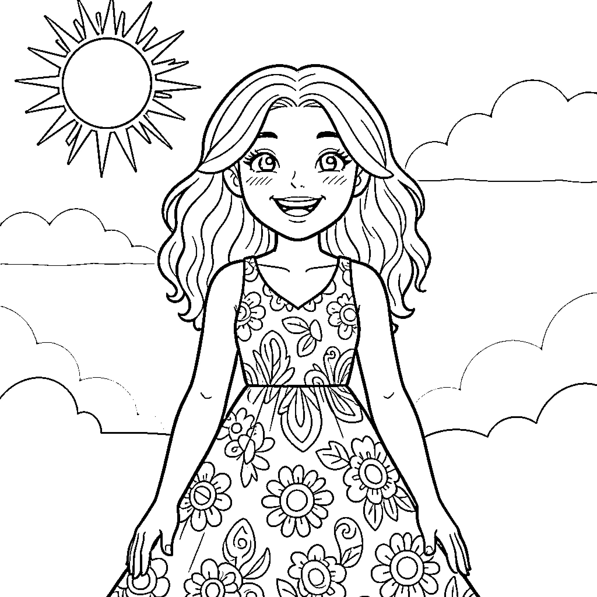 Lyna's Sunny Floral Delight Coloring Page (free black-and-white line drawing printable PDF for all, from beginners to advanced learners, including children, teens, adults, and seniors)